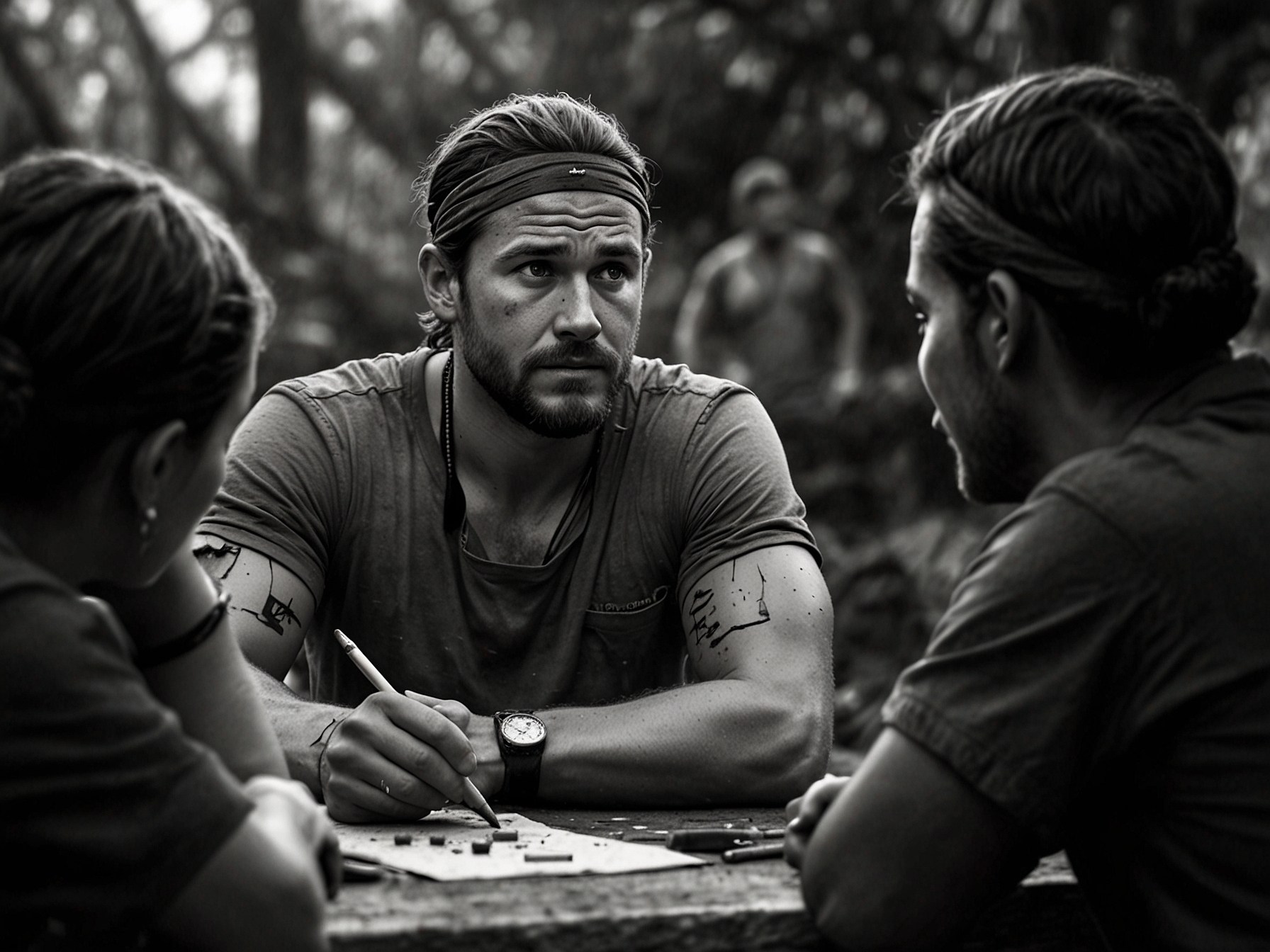 The 'Survivor 45' contestant is shown strategizing during a challenging moment on the reality show, reflecting their cunning and dramatic gameplay that polarized viewers.