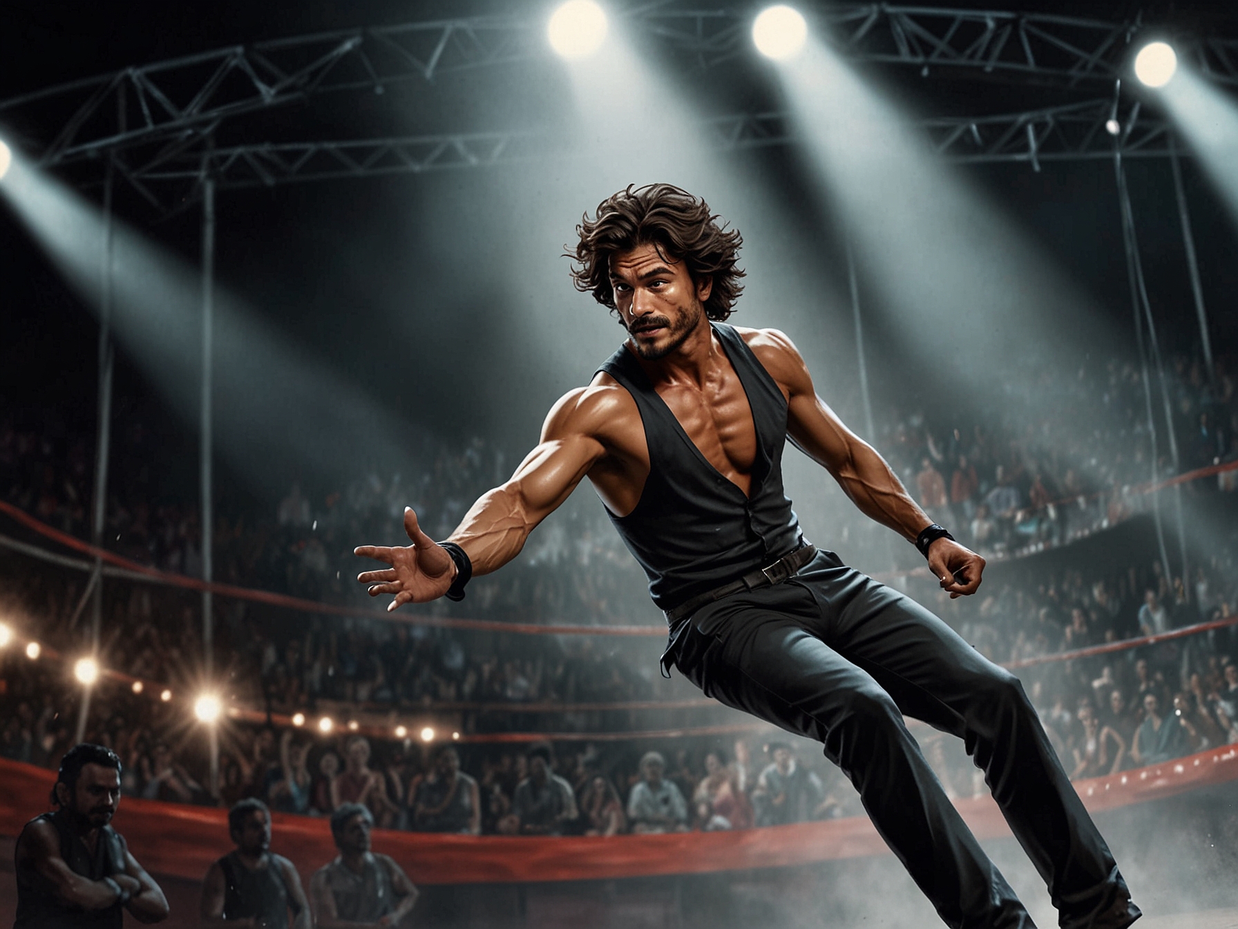 Vidyut Jammwal performing daring stunts in a French circus, showcasing his martial arts skills to international audiences, a remarkable shift from his Bollywood career.