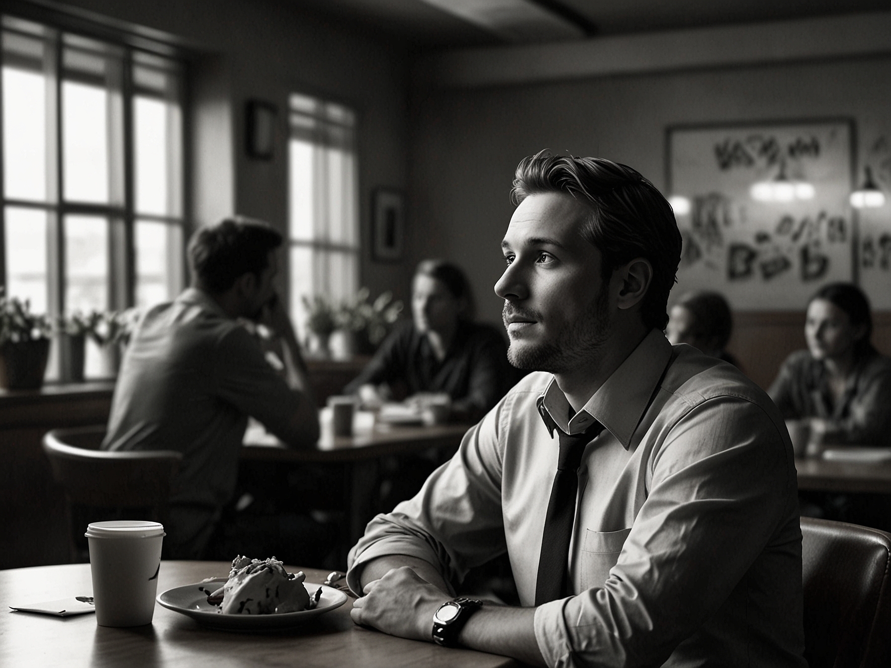 Marcus interacts with coworkers in the bustling restaurant atmosphere. A fleeting moment of vulnerability is visible, reflecting his internal struggle despite the high-pressure environment.