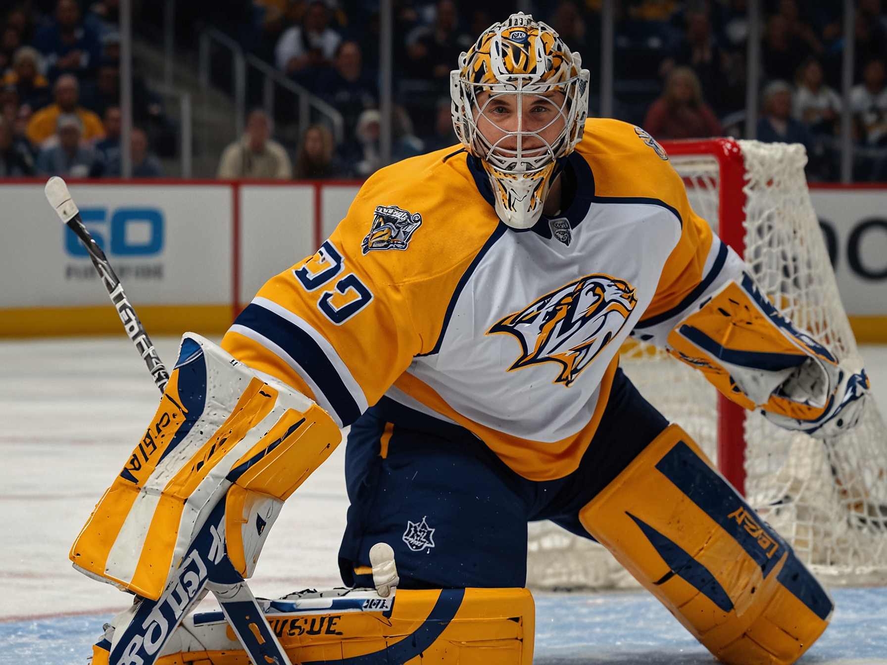 Nashville Predators' goaltender Juuse Saros in action on the ice, showcasing his skills after recently securing an extended contract with the team.