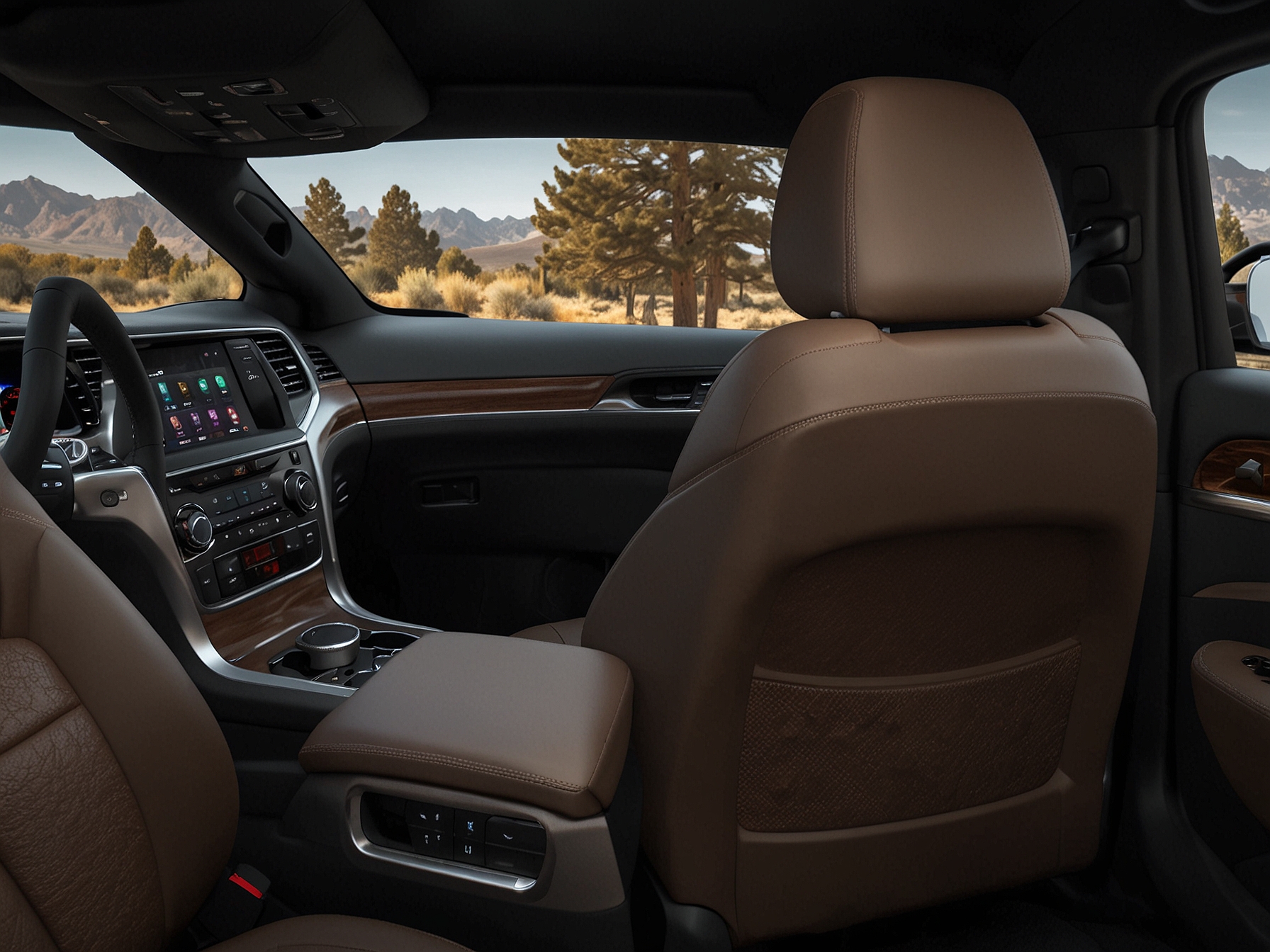 The interior of the 2024 Jeep Grand Cherokee offers a luxurious cabin with Nappa leather seats, open-pore wood trim, and advanced tech features including a large touchscreen, Apple CarPlay, Android Auto, and a digital instrument cluster.