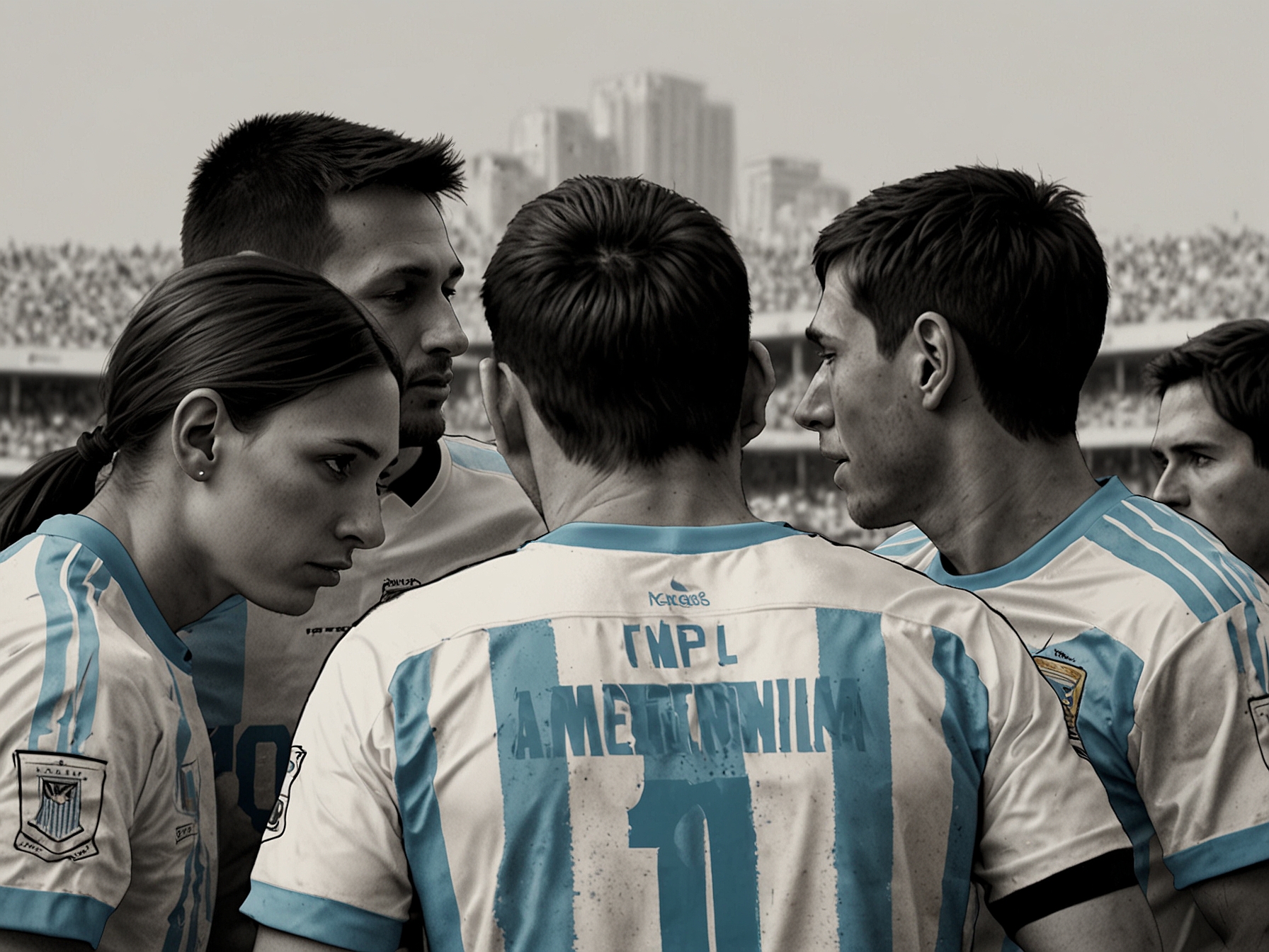 Argentina's team huddled together, strategizing intensely in a stadium without Lionel Messi, showing unity and determination to face the match against Peru without their star player.