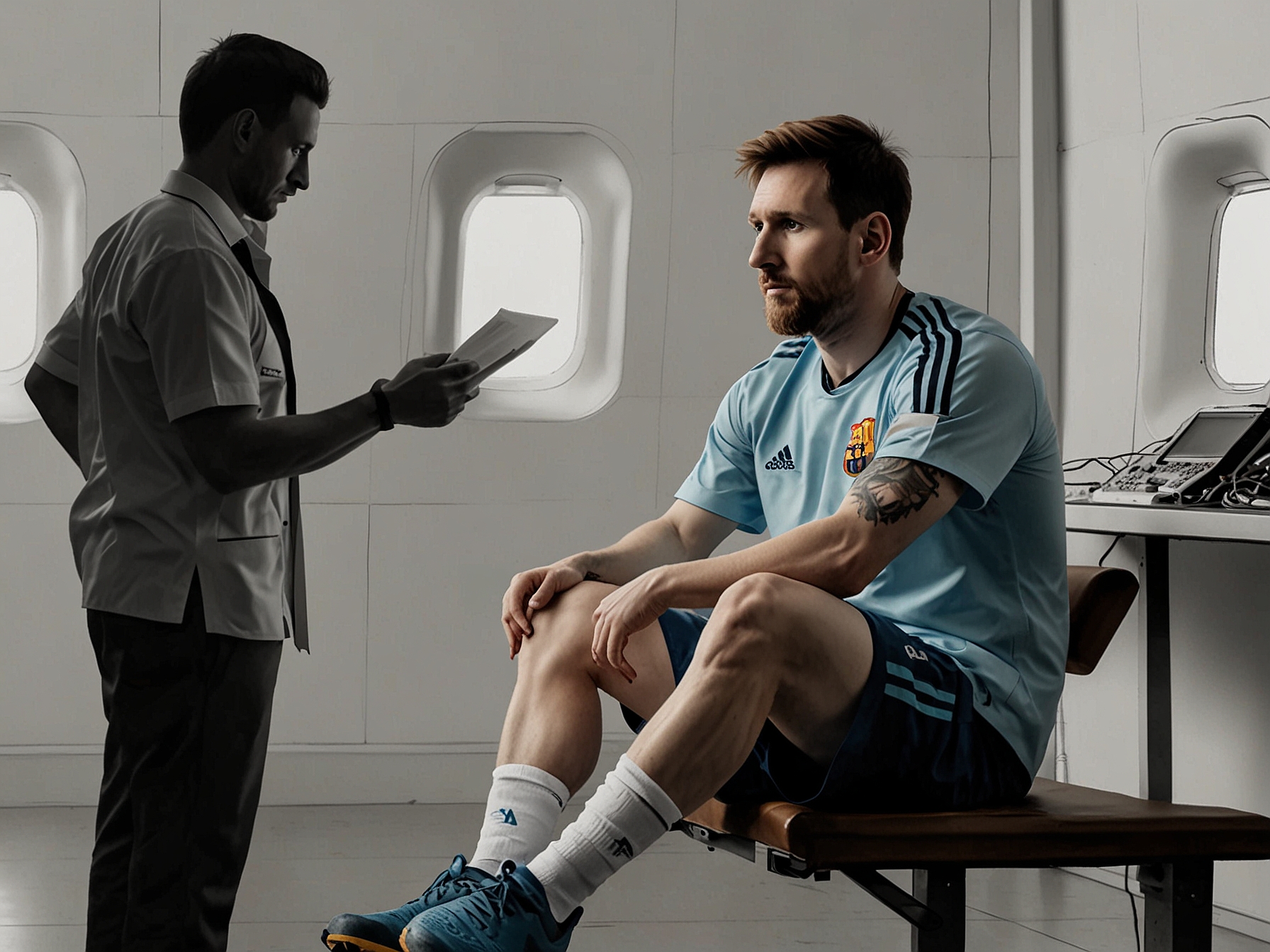 Lionel Messi sitting on the sidelines with a medical staff attending to his right leg, capturing the star player's moment of rest and recovery, emphasizing the importance of his well-being.