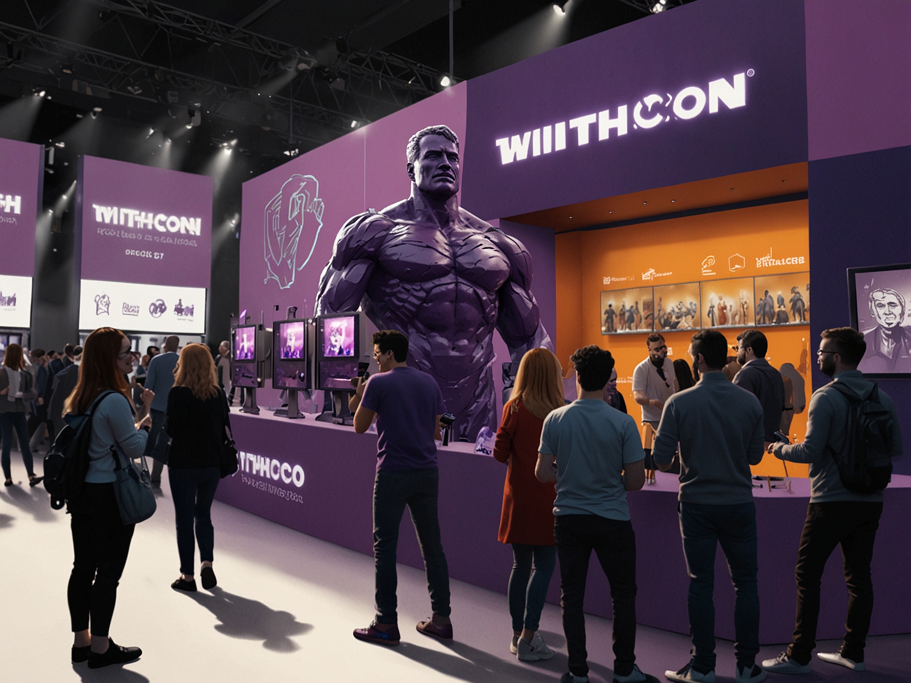 A vibrant scene from TwitchCon Europe 2024 in Rotterdam, showcasing attendees excitedly gathered around the newly unveiled 'Bleed Purple Statue' awards booth.