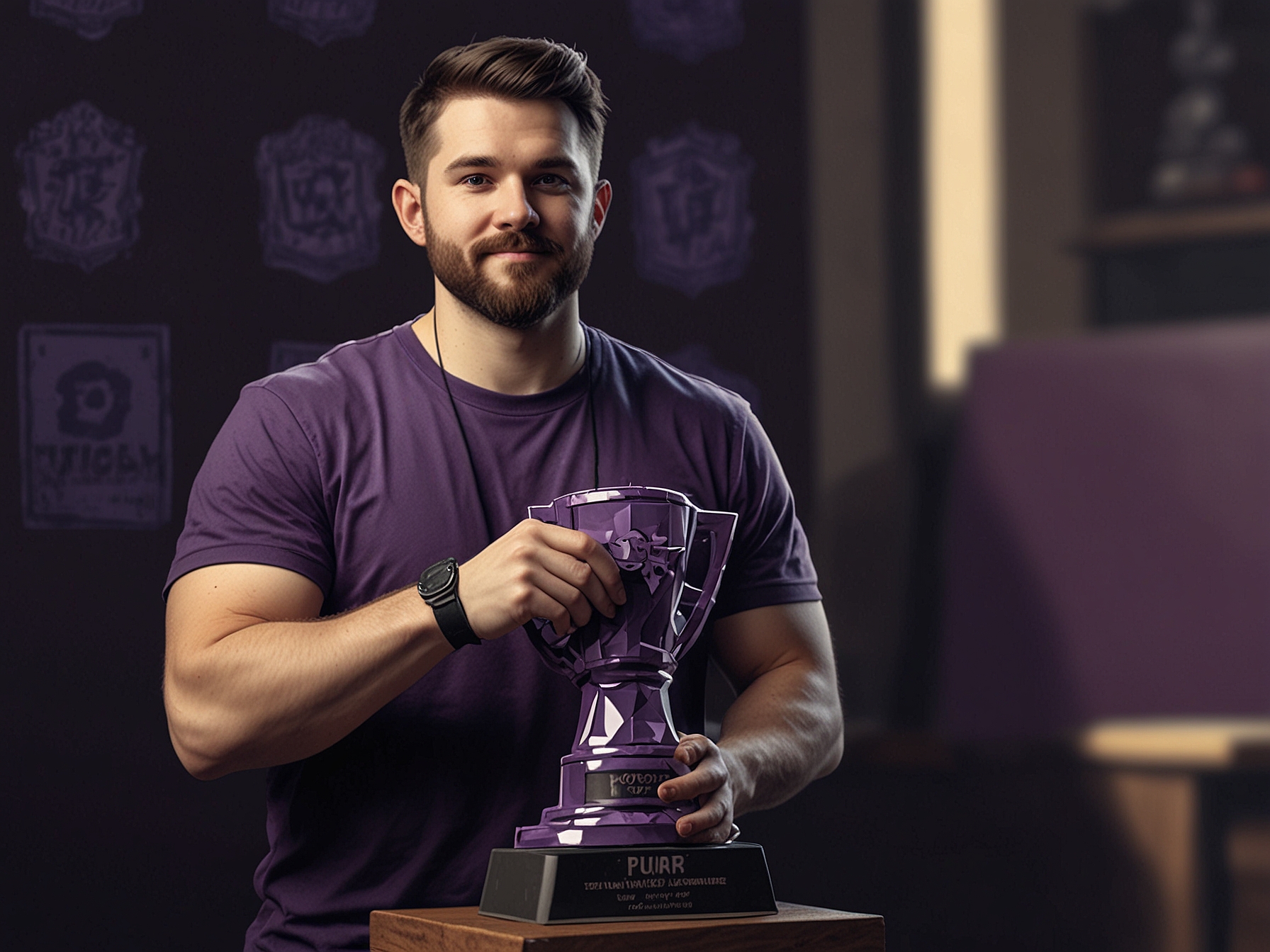 A proud Twitch streamer holding their 'Bleed Purple Statue', with the award prominently displayed, symbolizing their hard work and dedication to achieving watch hour milestones.