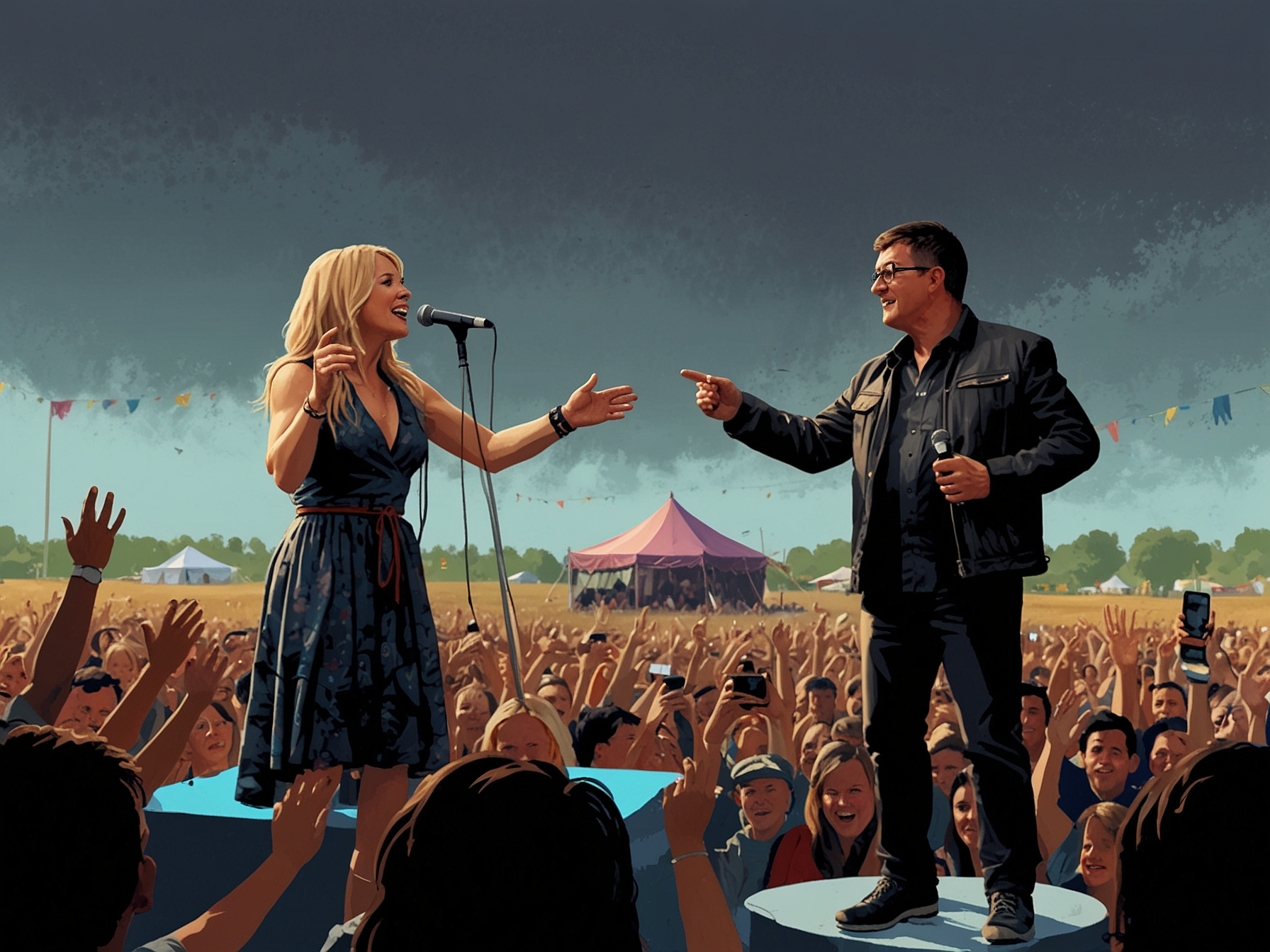 Rianne Downey and Paul Heaton share the stage at Glastonbury, their voices blending harmoniously against the backdrop of an enthusiastic crowd, capturing the essence of the festival's magic.
