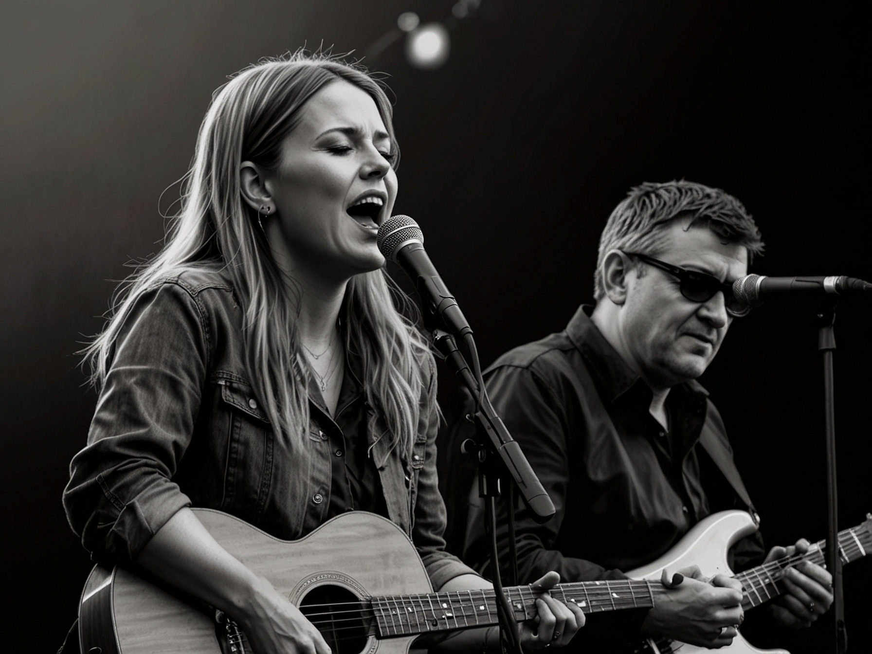 Rianne Downey, with her soulful voice and evident gratitude, performing beside Paul Heaton at Glastonbury, showcasing a striking moment of collaboration between a rising star and a seasoned musician.