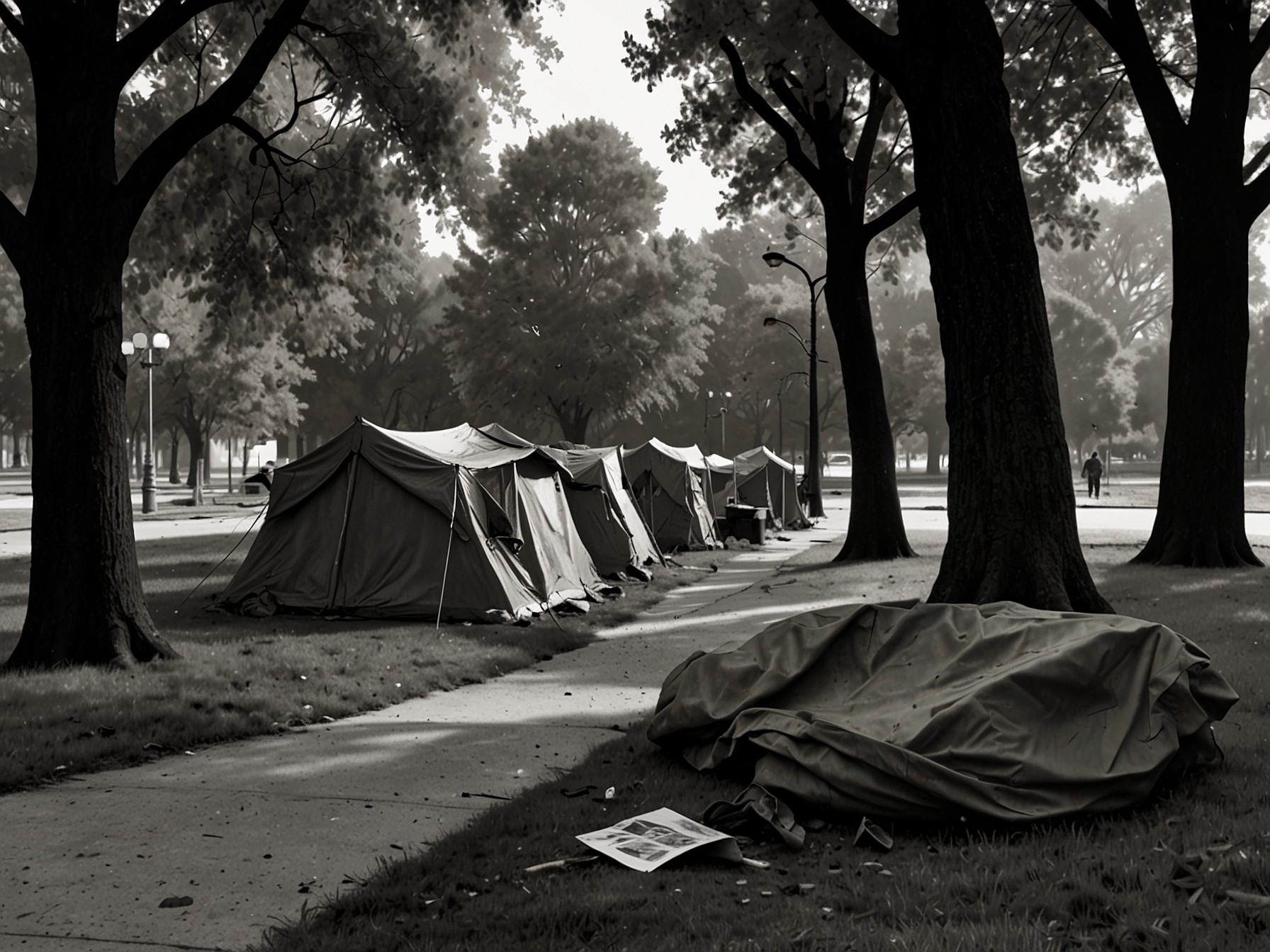 An illustration depicting a homeless encampment in a public park, highlighting the visible impact of homelessness in urban areas and the challenges faced by local governments.