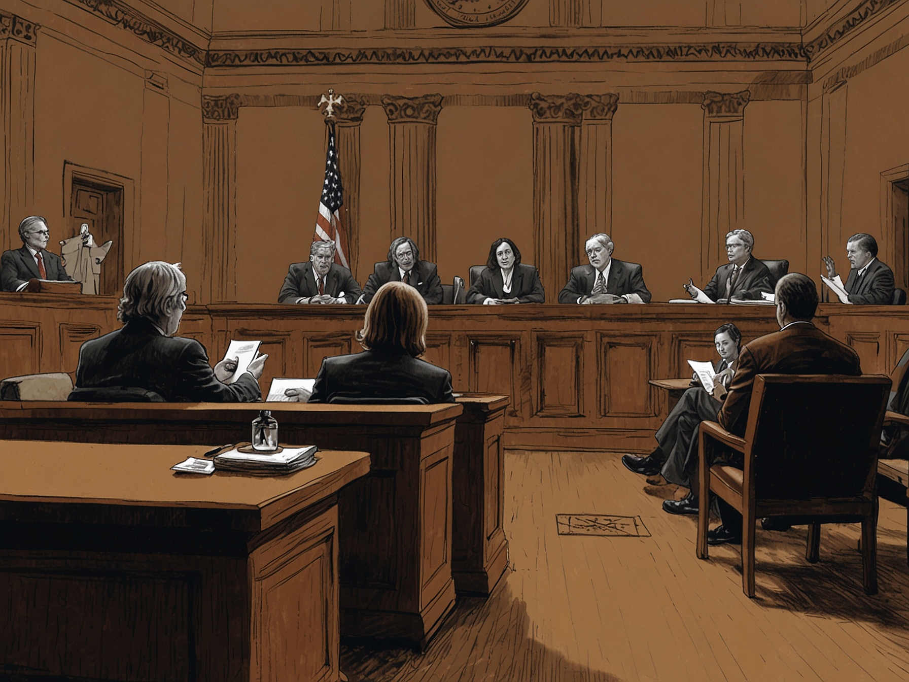 A courtroom scene showing the Supreme Court justices deliberating the public camping ban case, symbolizing the legal and societal complexities surrounding homelessness in the United States.