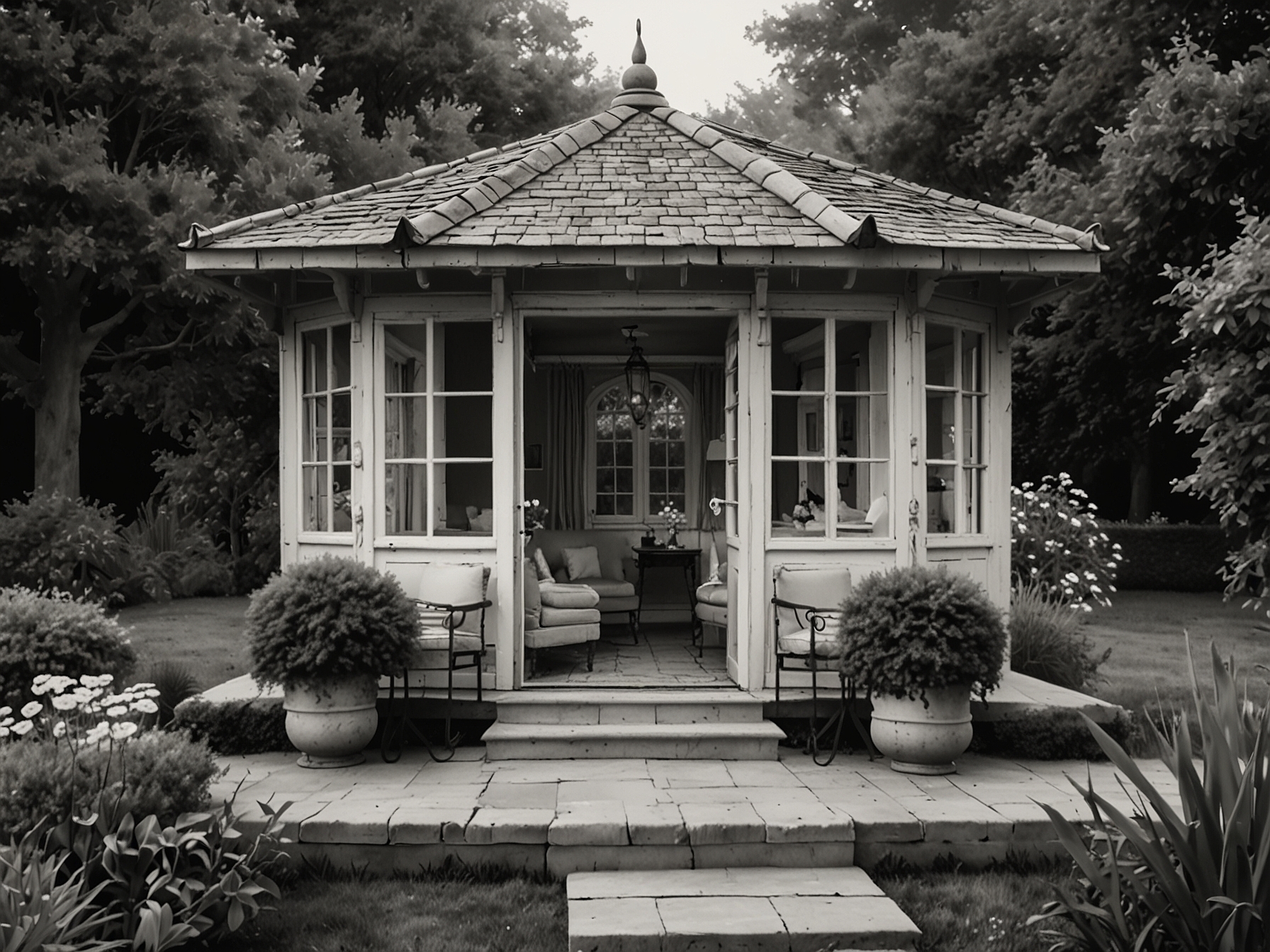 The secret summer house in the garden of the 'council house mansion', complete with stylish seating, a kitchenette, and a small bathroom, offering a perfect retreat for relaxation and entertaining.