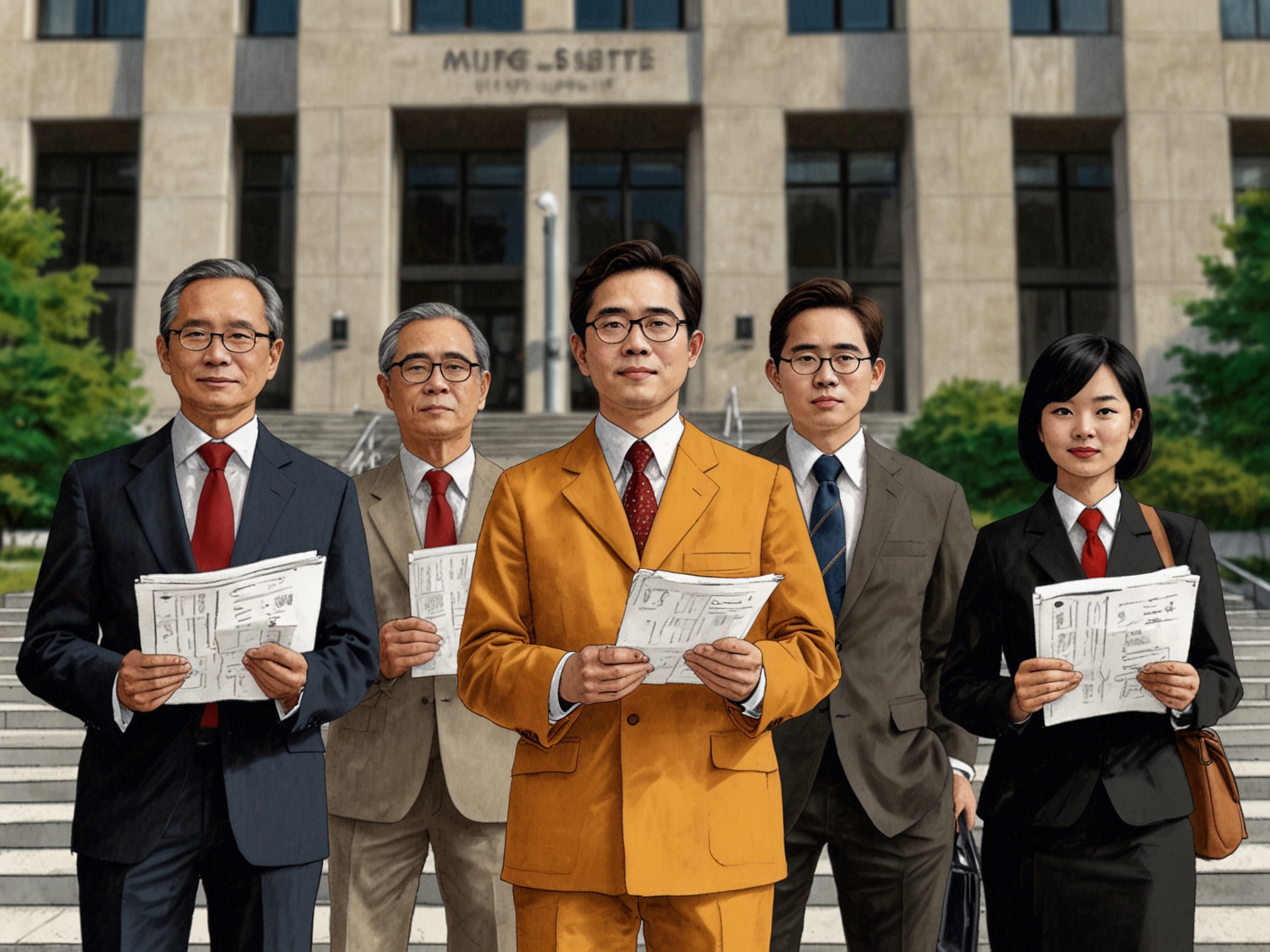 Fourteen plaintiffs stand outside a courthouse in Japan, holding documents, symbolizing their demand for compensation from MUFG over Credit Suisse AT1 bond losses.