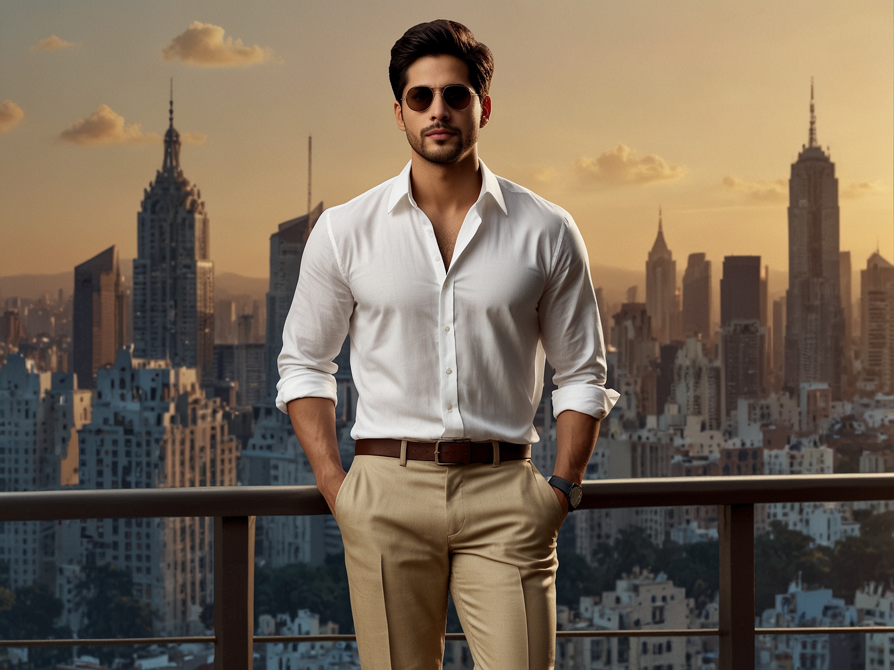 Sidharth Malhotra exudes sophistication in a pristine white linen shirt and beige trousers, accessorized with classic sunglasses. The European cityscape backdrop enhances the evening summer charm.