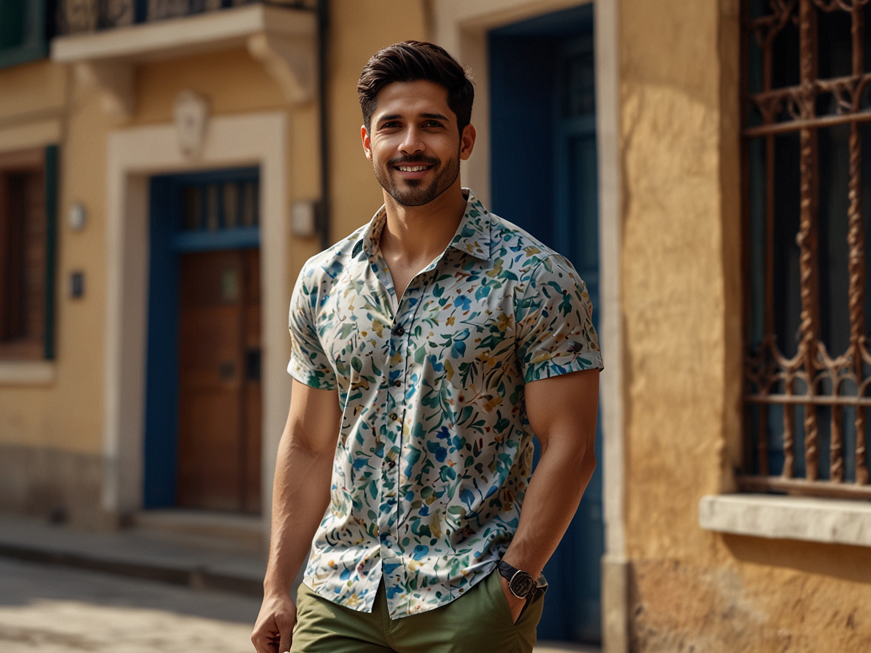 Sidharth Malhotra embraces the vibrant spirit of summer in a colorful floral shirt and khaki shorts, paired with white sneakers. The picturesque European streets make for a perfect day out look.