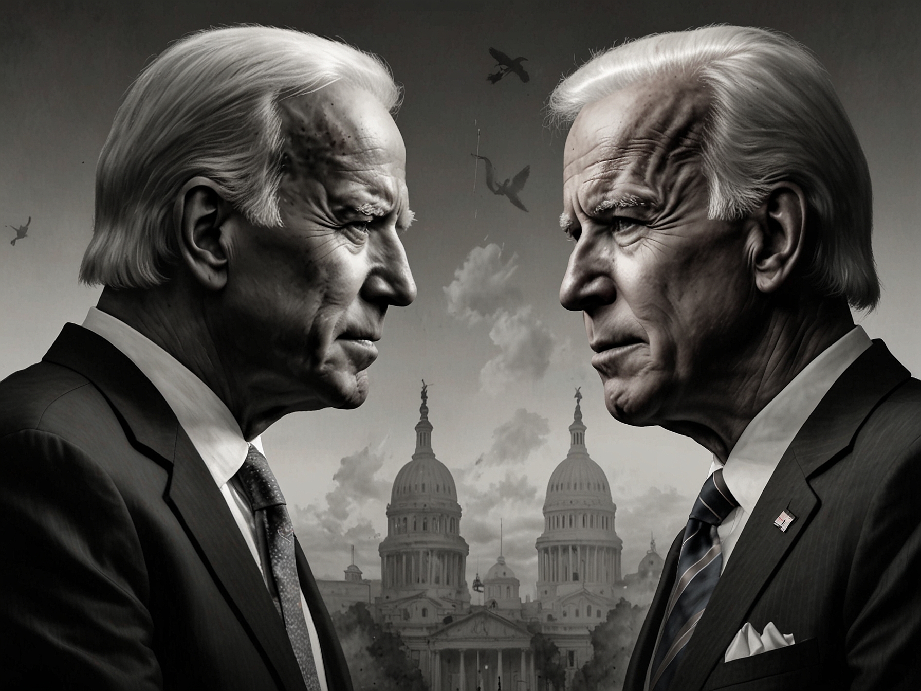A split-screen image showing Biden and Trump during the heated 2024 presidential debate, each passionately making claims on critical issues like the economy and immigration.