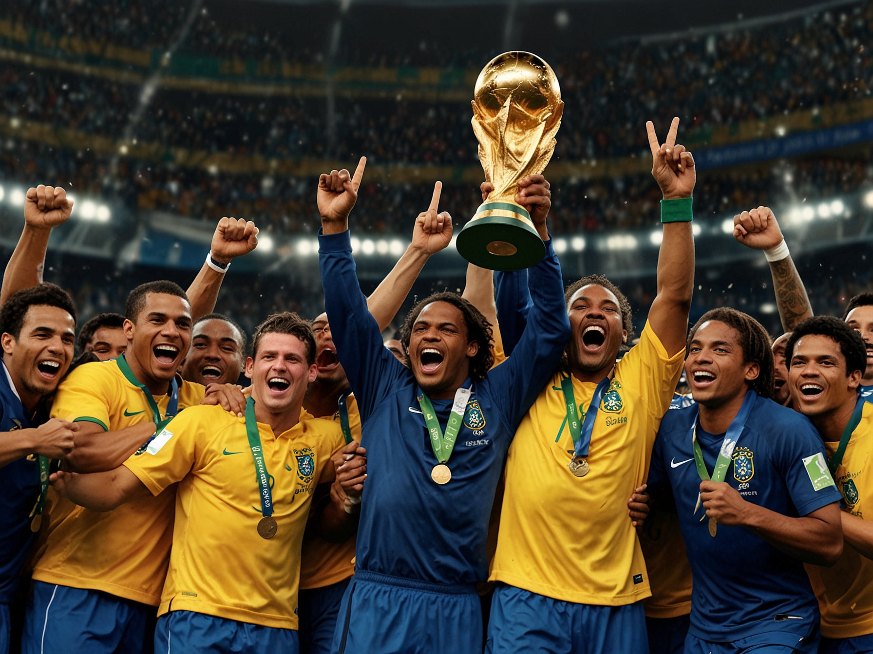 The iconic Brazil 2002 World Cup squad, celebrating their victory with the trophy in Yokohama. Featured prominently are key players like Ronaldo, Rivaldo, Ronaldinho, and captain Cafu.