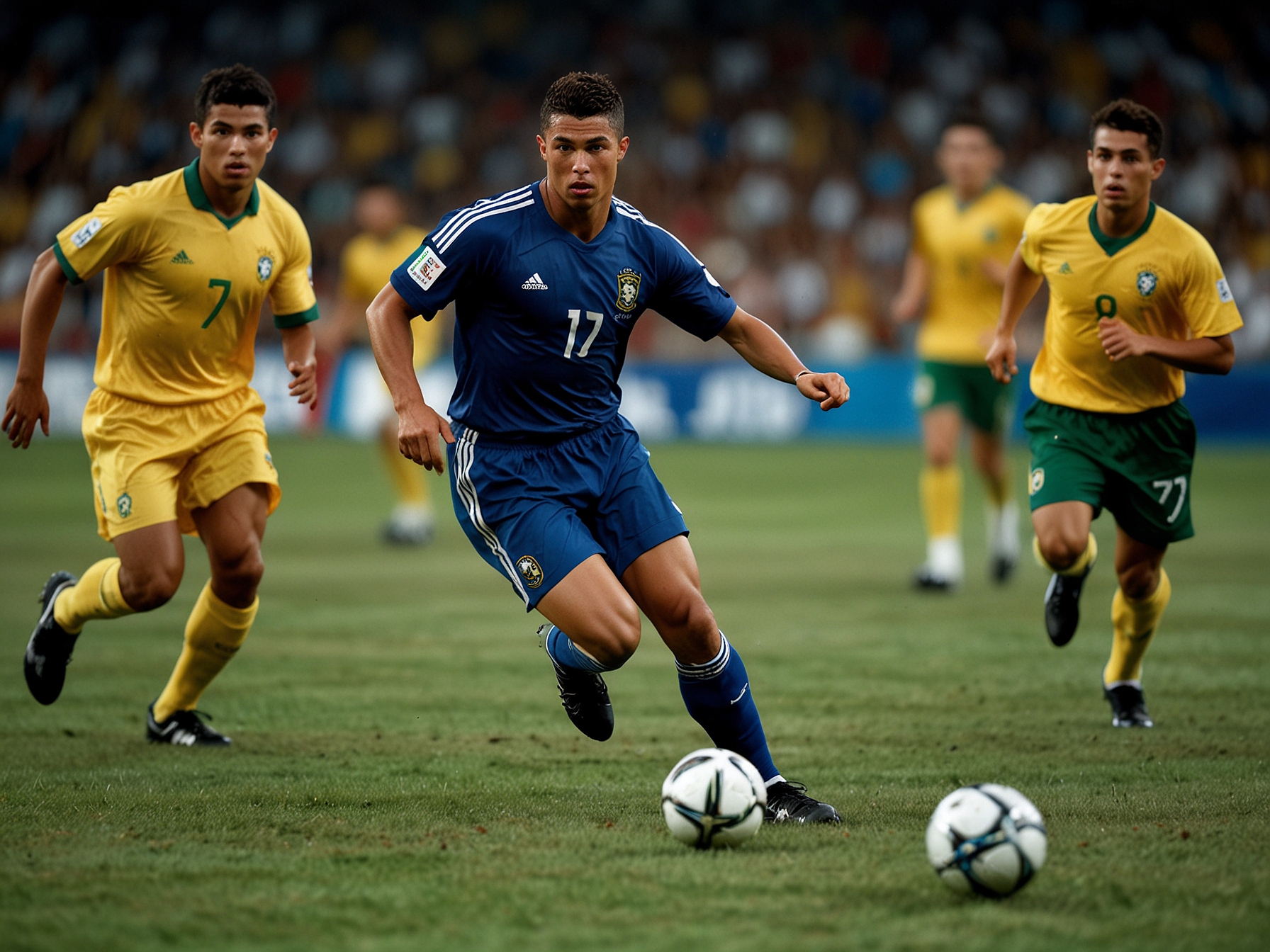 Ronaldo, the tournament's top scorer, dribbling past defenders during the 2002 World Cup. His exceptional performance, speed, and precision were pivotal in Brazil's championship-winning run.