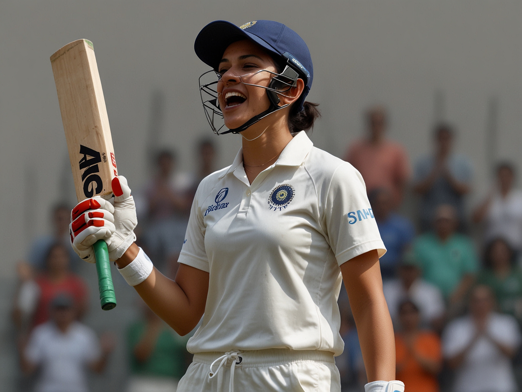 Smriti Mandhana acknowledges the crowd after scoring a quick-fire century, partnering with Shafali Verma to help India reach a commanding total against South Africa on day 1 of the test match.