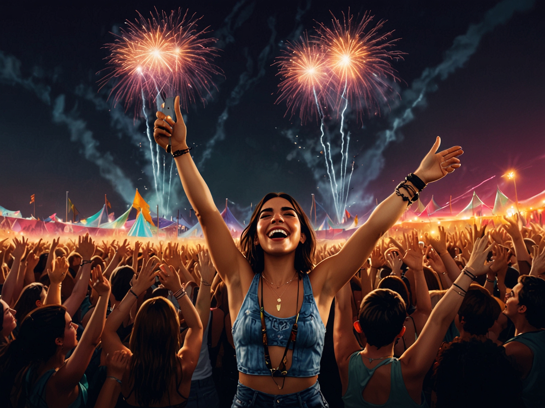 An enthusiastic crowd at Glastonbury Festival 2024, with fans waving their hands in the air, illuminated by vibrant stage lights. Dua Lipa prepares to deliver her anticipated headline performance.