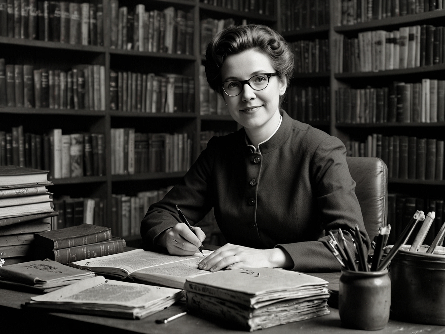 Agnes O’Farrelly at her desk, surrounded by books and papers on the Irish language, symbolizing her dedication to education and her role as a professor at UCD.