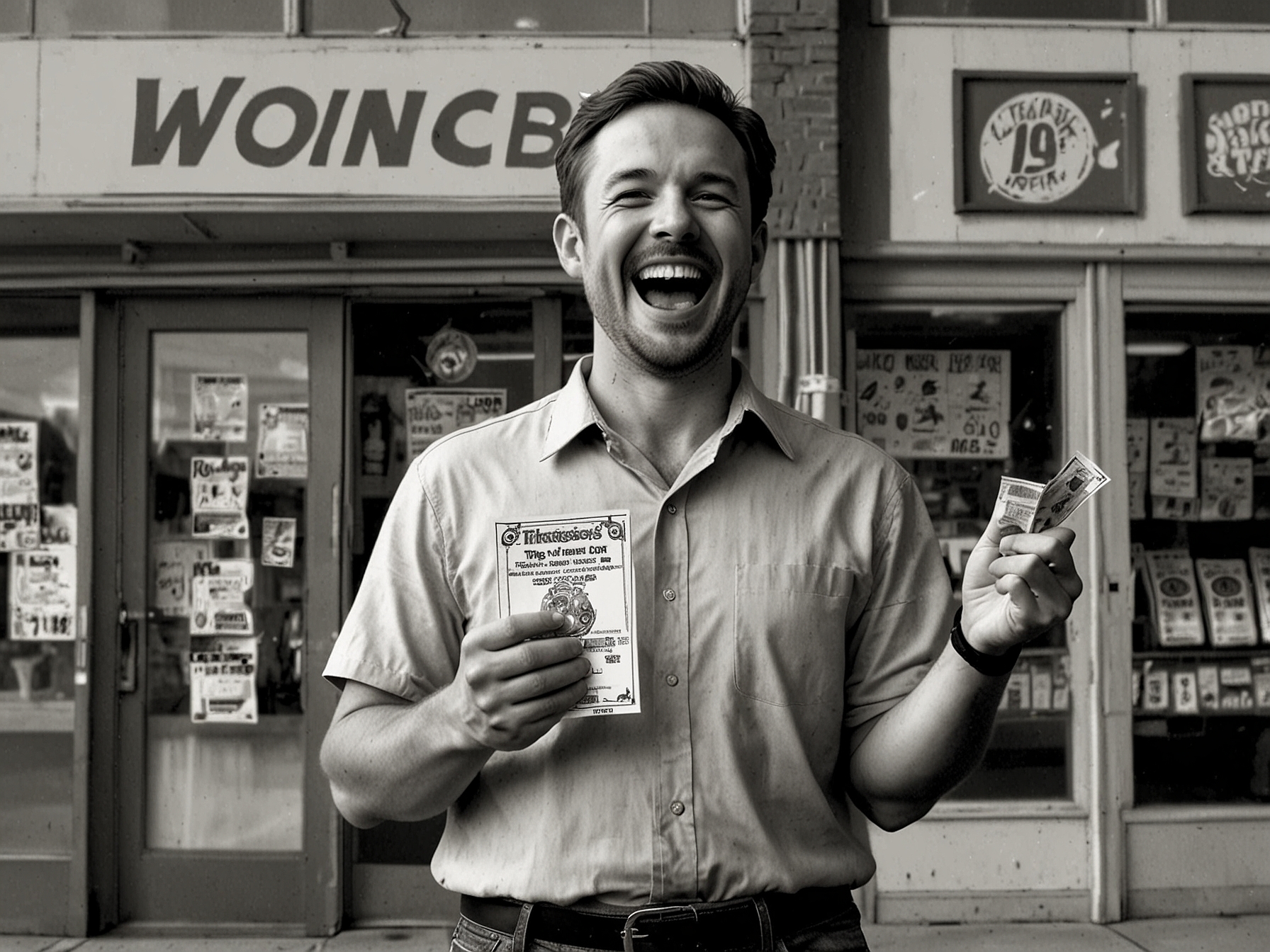 A jubilant man with a lottery ticket in hand stands outside a local convenience store, capturing the moment of his $1 million win that dramatically changed his life.