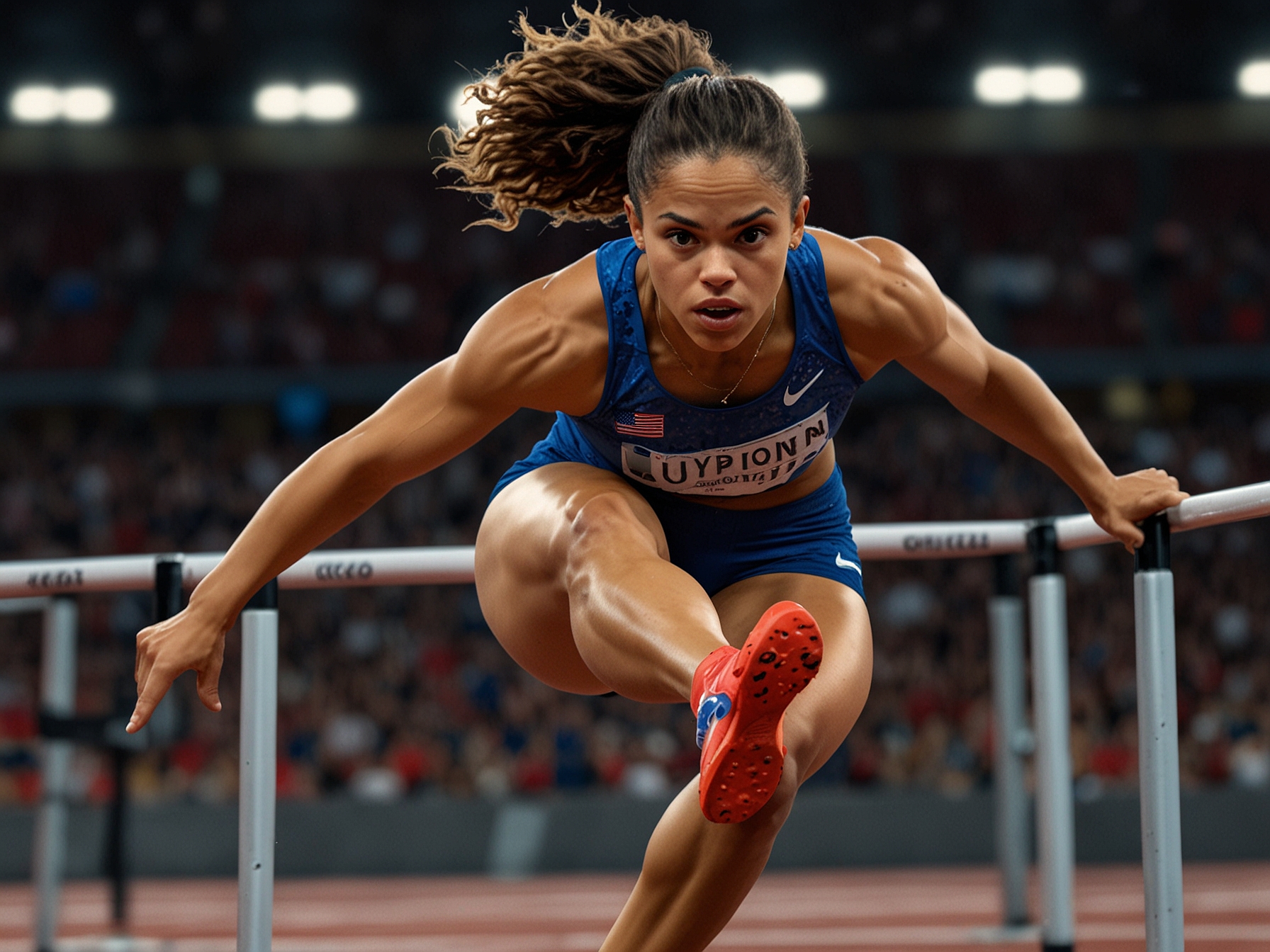 Sydney McLaughlin-Levrone clearing one of the 10 hurdles with flawless technique during her record-breaking 400-meter hurdles race at the U.S. Olympic trials in Eugene, Oregon.