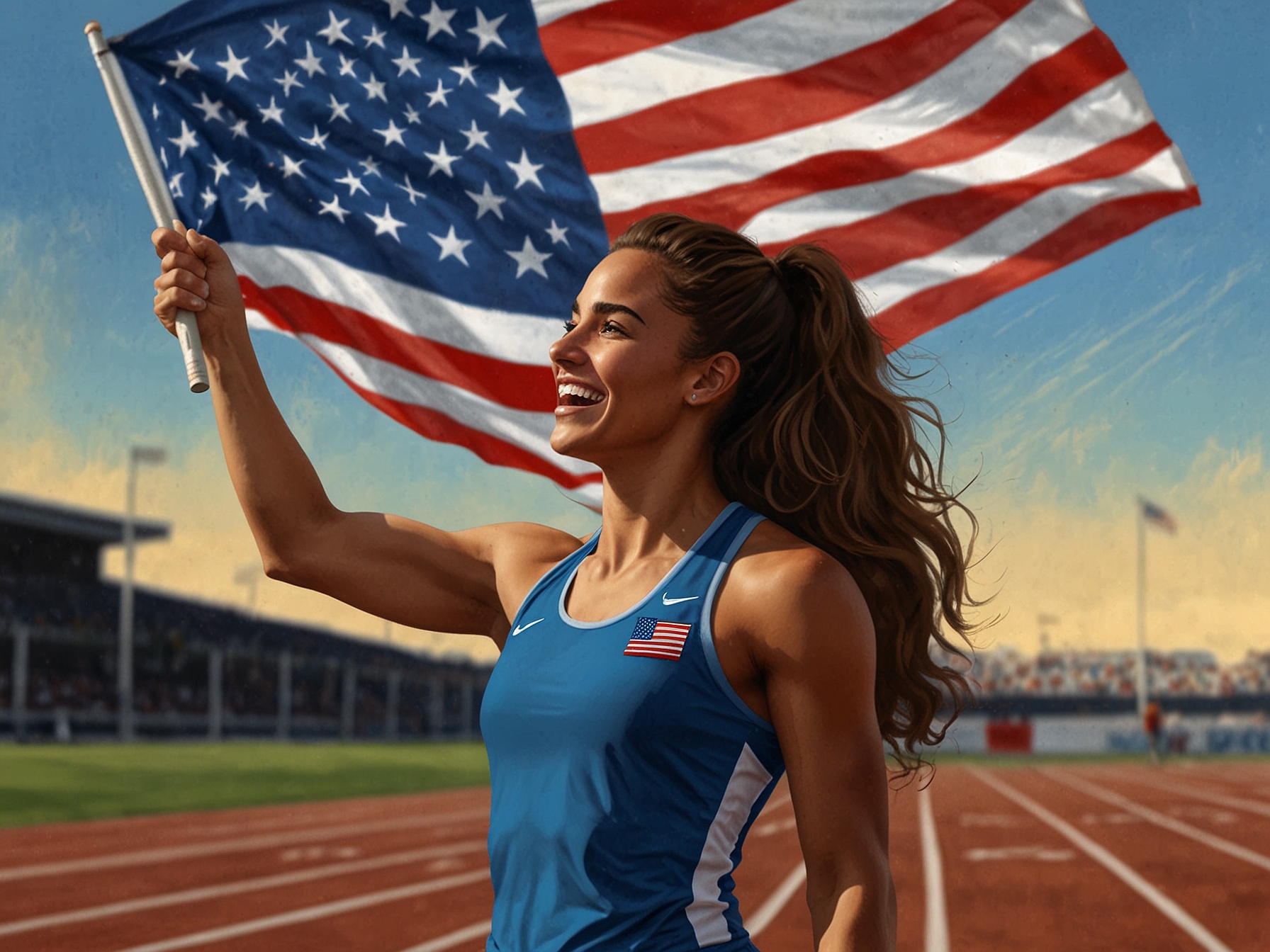 A jubilant Sydney McLaughlin-Levrone celebrating her world record achievement, holding the American flag and sharing the moment with her coach Bobby Kersee on the track.
