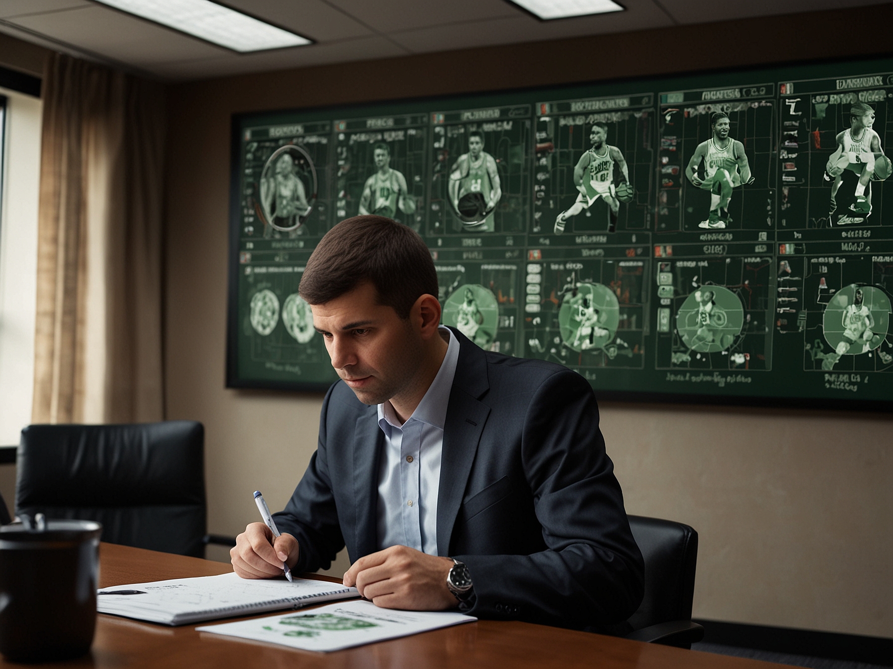 Brad Stevens, in a boardroom, analyzing player stats and data on multiple screens, emphasizing his analytical approach to building the Celtics' roster for sustained success.