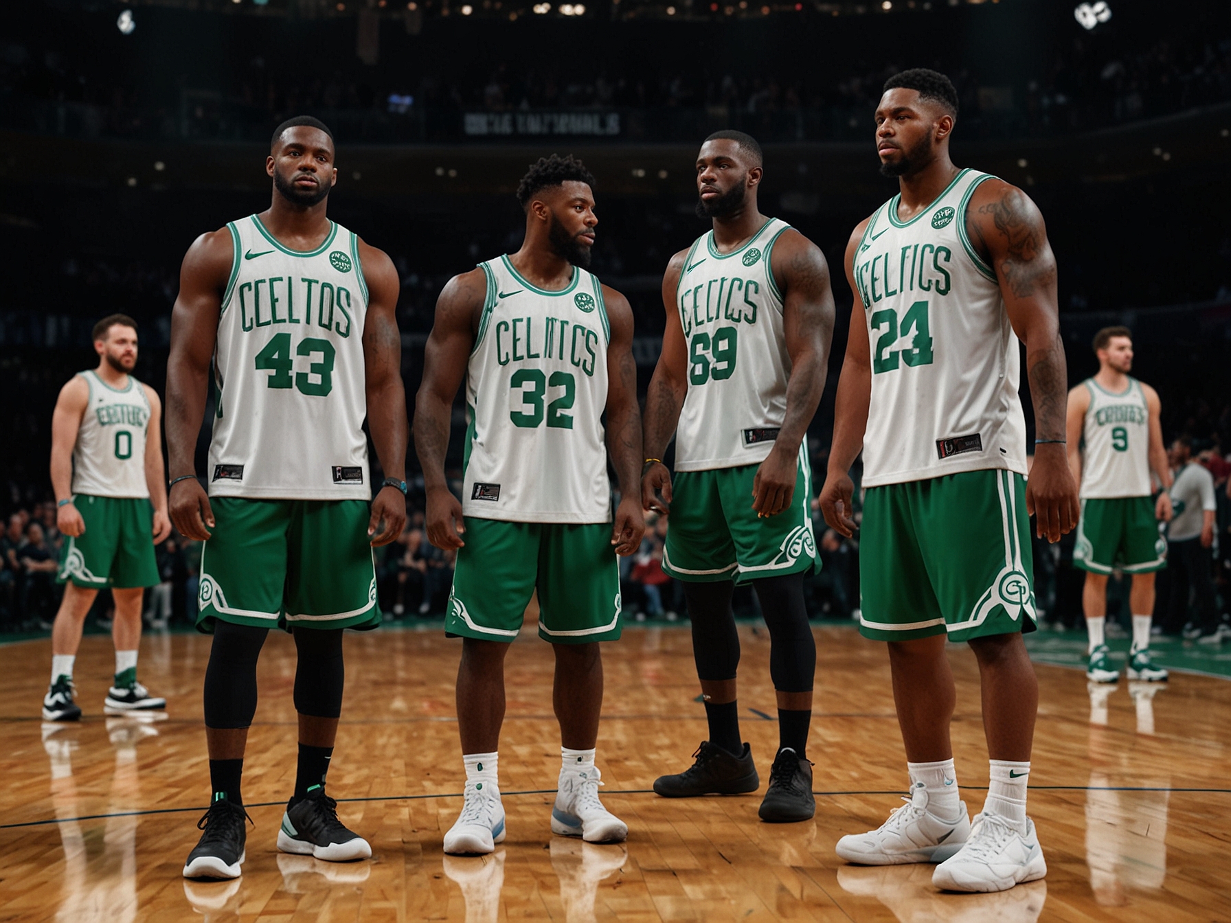 Boston Celtics players in training, supported by coaching staff, showcasing the cohesive, supportive culture that Stevens prioritizes for long-term team performance and stability.