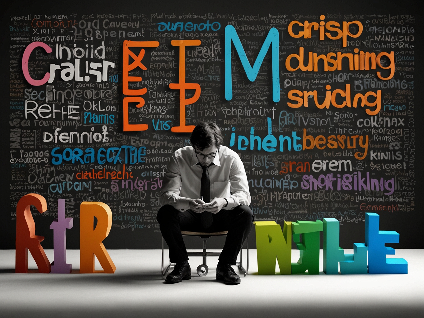 A visual depicting a person pondering over a Wordle game, surrounded by floating letters and words like 'CRISP' and 'PALM', symbolizing the strategic thinking involved.