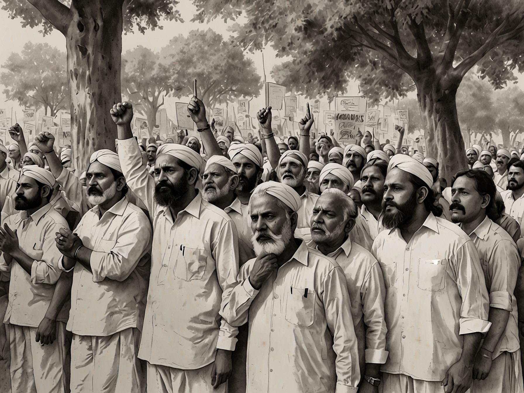 A crowd of VHP members gathered at Jantar Mantar, chanting slogans in defense of Indian sovereignty, illustrating the tension between domestic unity and expressions of global solidarity.