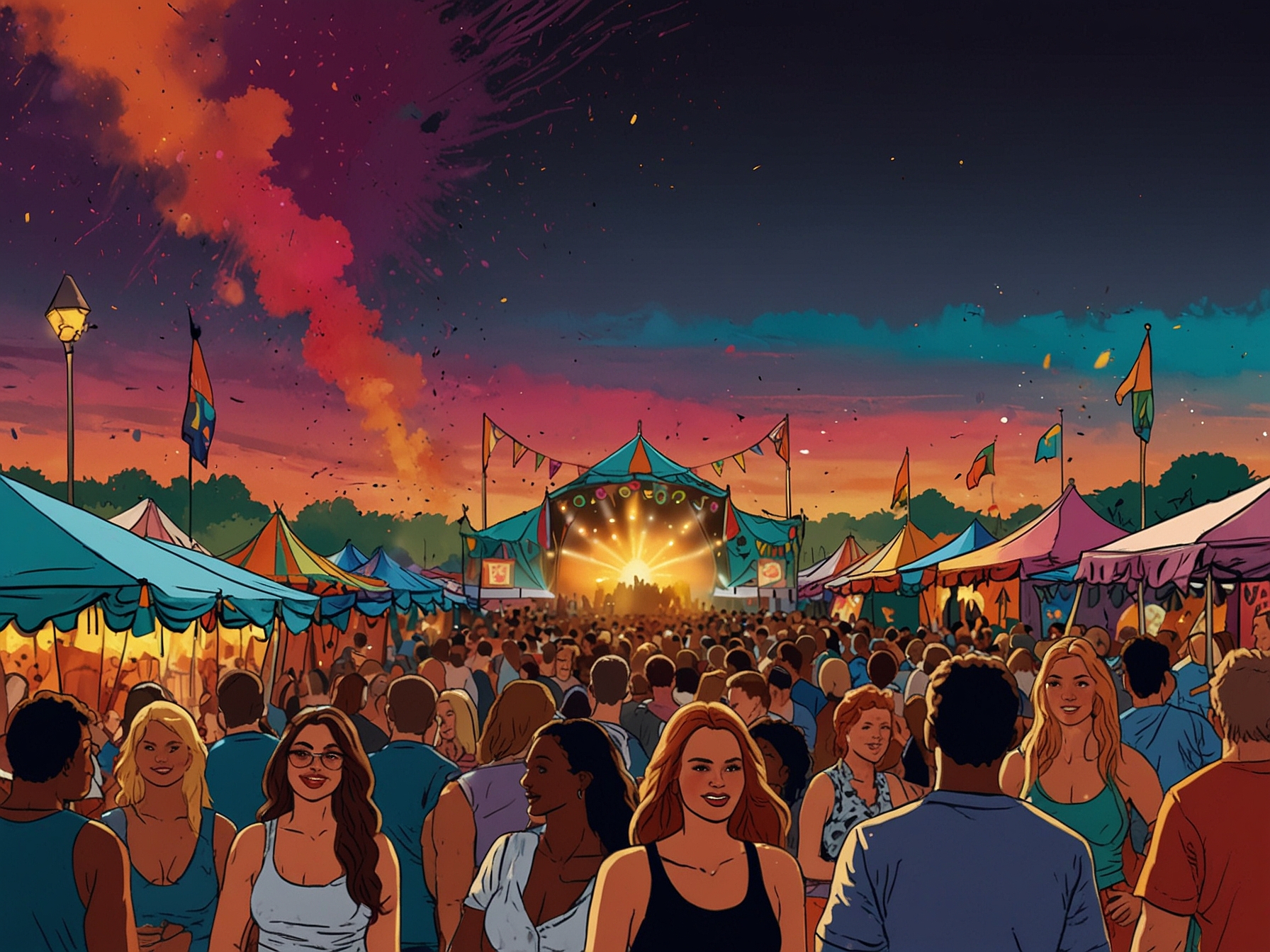 The bustling Glastonbury festival grounds with fans and celebrities like Maya Jama, showcasing the event’s vibrant atmosphere and diverse mix of entertainment.