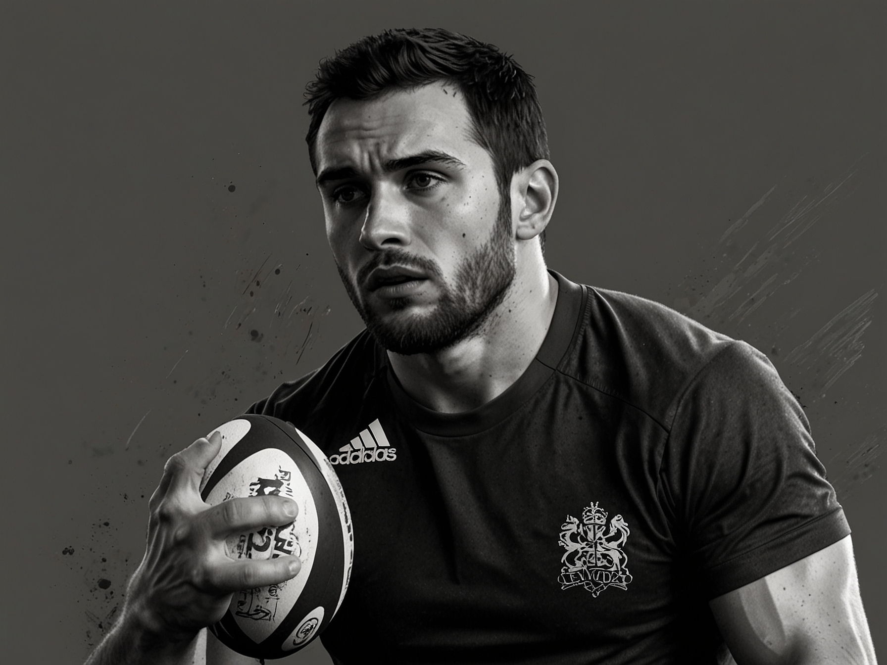 Elliot Minchella is depicted in an intense training session, showcasing his dedication and preparation for the England rugby team, with a focus on his determined expression.