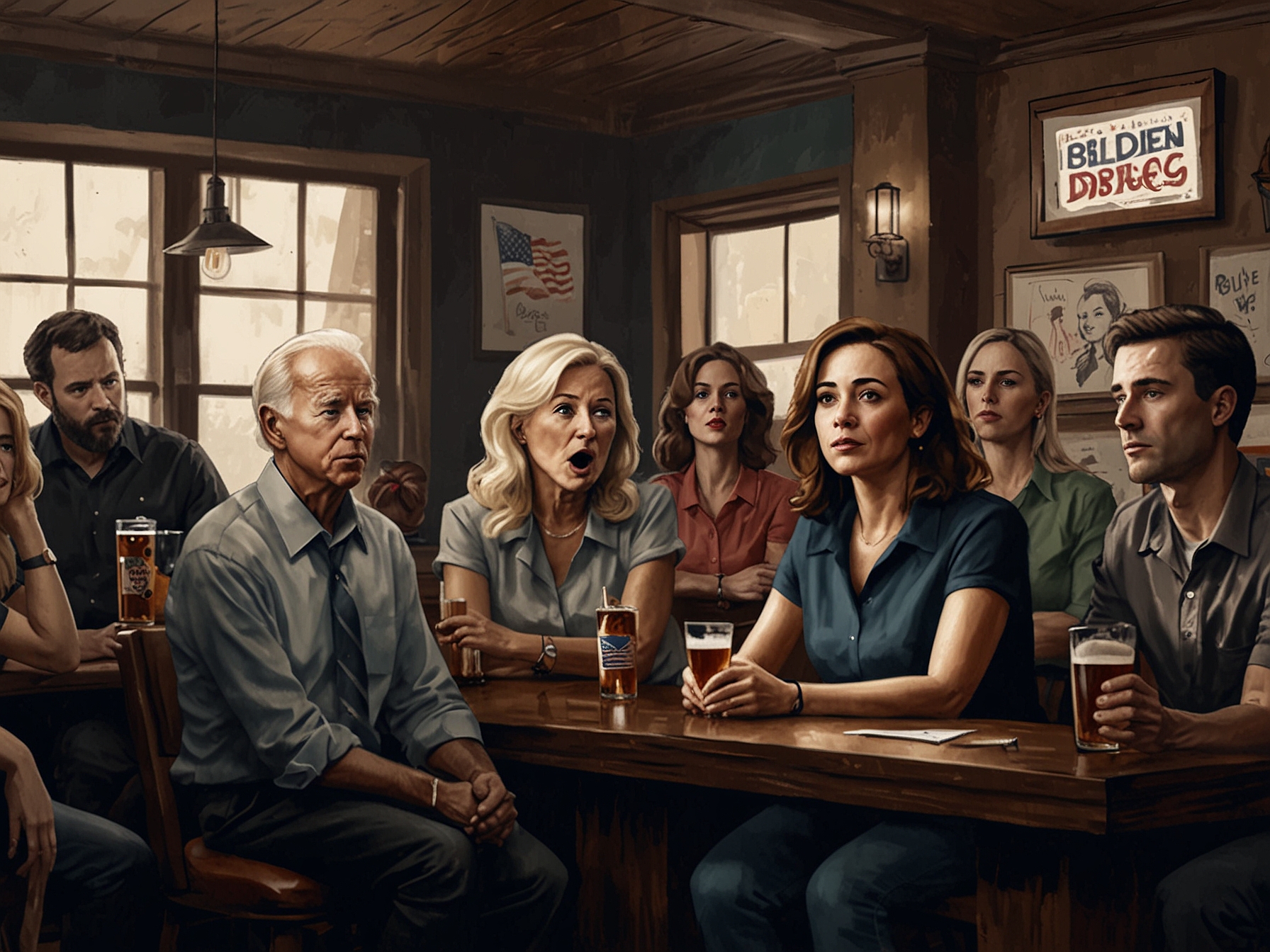 A group of people in a bar watching the Biden vs. Trump debate, with mixed emotions on their faces. Biden supporters look concerned and disappointed, reflecting the overall sentiment of the article.