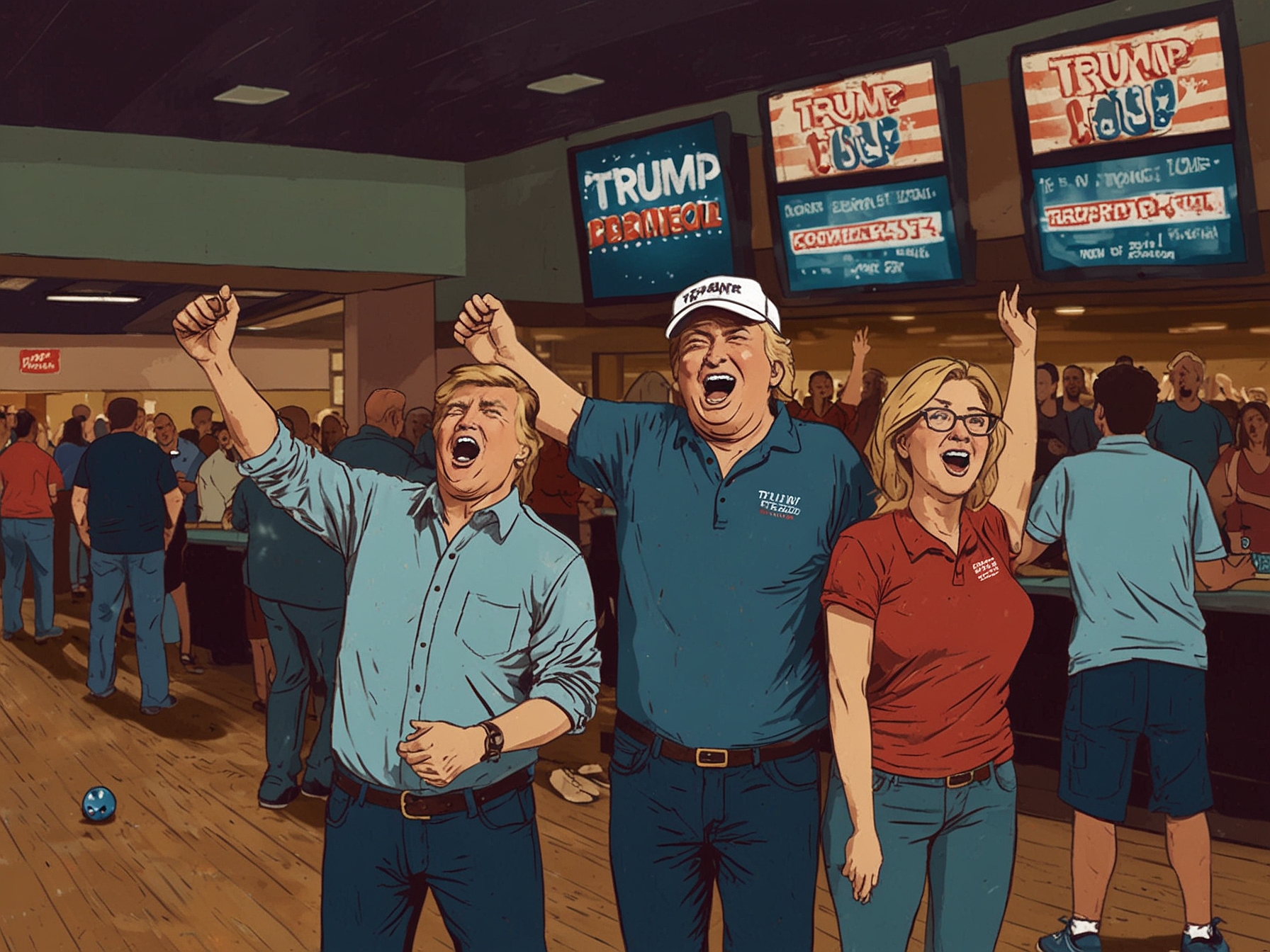 Trump supporters celebrating in a bowling alley as they watch the debate. The scene captures their enthusiasm and the perceived victory of their candidate, highlighting the polarized reactions.