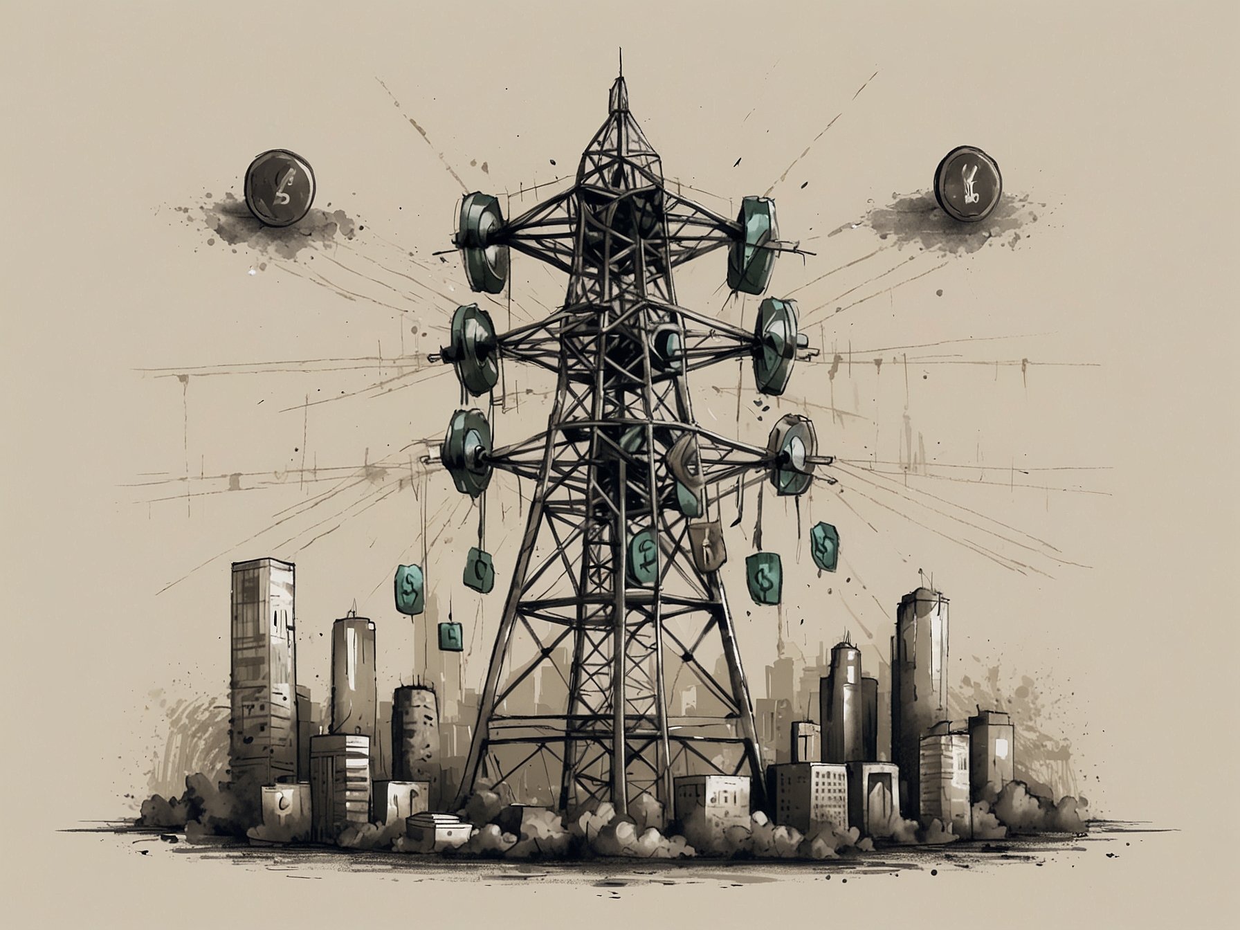 An illustration of a telecom tower with currency symbols around it, representing the increased costs for improving service quality and network infrastructure in India's telecom sector.