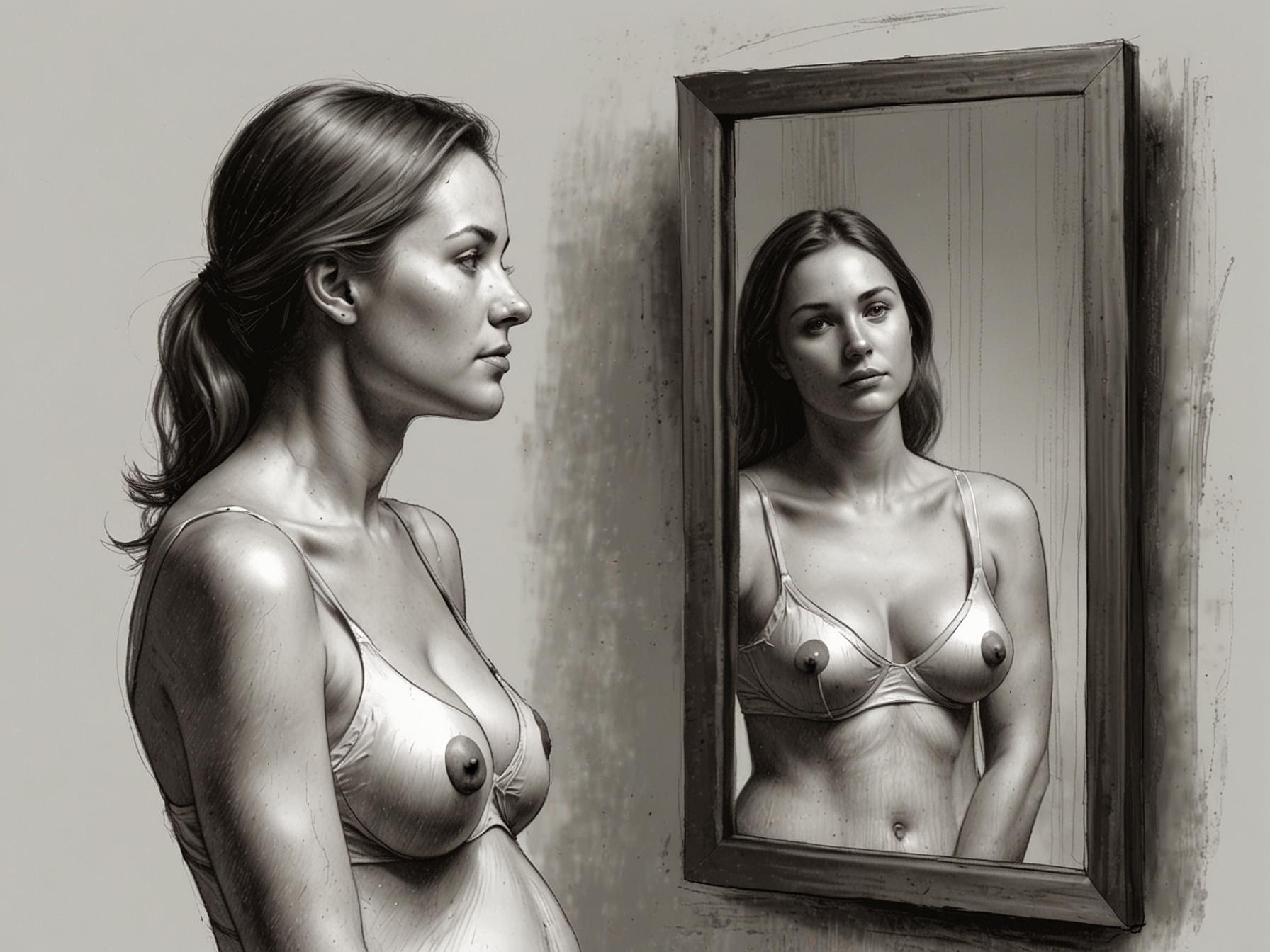 A new mother looking at herself in the mirror, contemplating the changes in her breasts after pregnancy, symbolizing the emotional aspect of postpartum body image.
