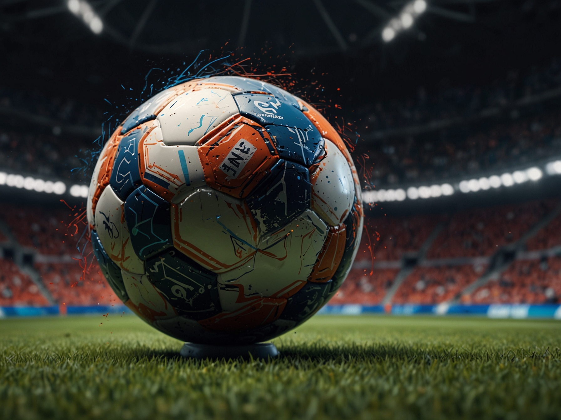 An image of a smart-enabled match ball embedded with sensors, transmitting real-time data on speed, trajectory, and spin during a high-stakes Euro 2024 soccer match.