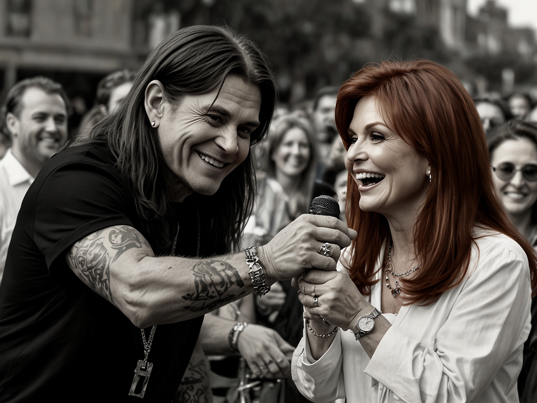 Ozzy Osbourne and Sharon Osbourne at a public event, smiling and engaging with fans. This image reflects the couple's close relationship and Sharon's supportive role in managing Ozzy's health.