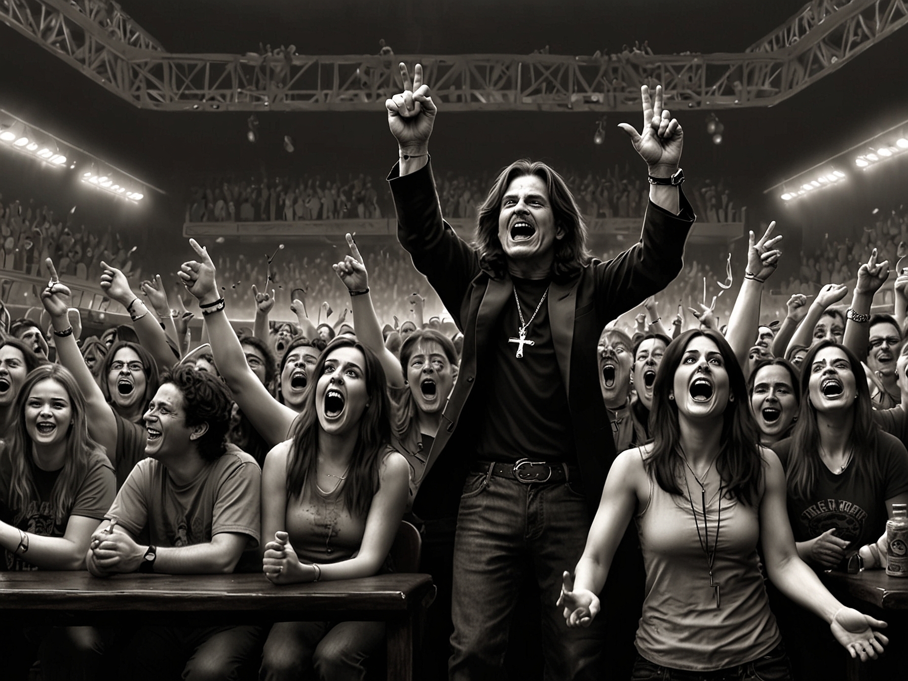 A lively crowd at a monster movie convention, eagerly awaiting appearances from icons. This image captures the excitement and energy of convention-goers who were anticipating Ozzy Osbourne's presence.