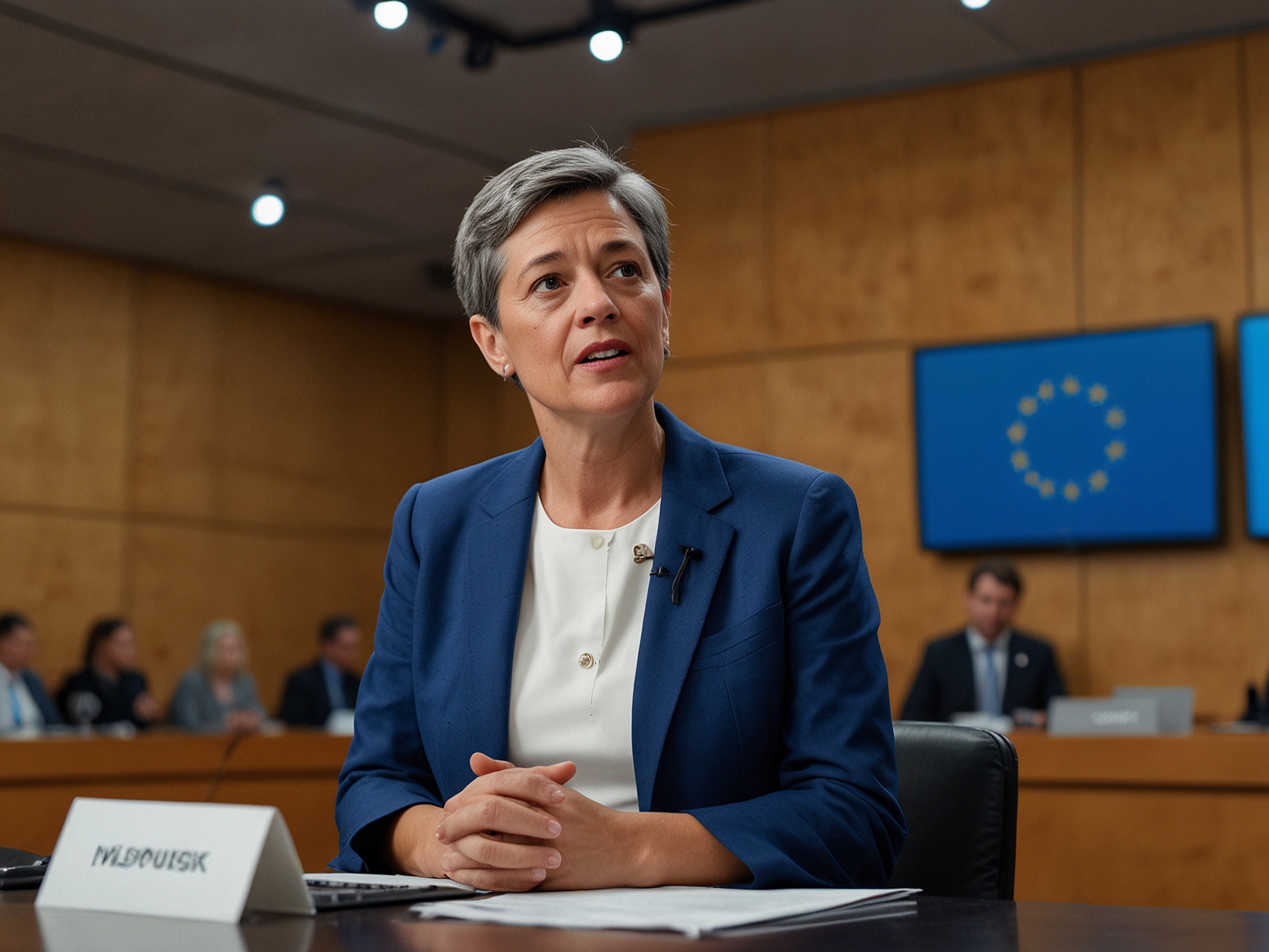 An image of Margrethe Vestager, the EU competition commissioner, speaking at a press conference, highlighting the EU's intent to investigate Microsoft's partnership with OpenAI and Google's AI advancements.