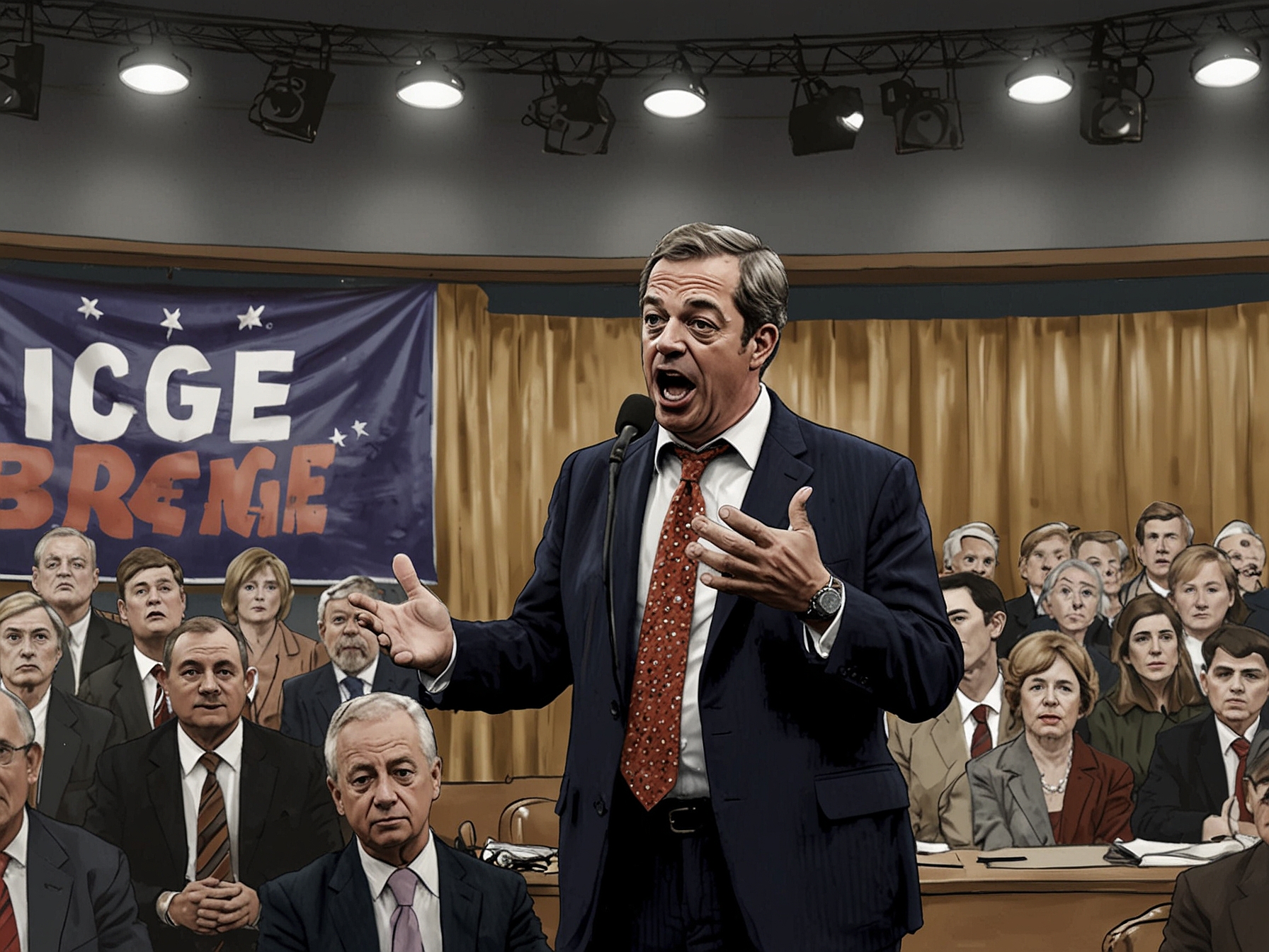 Nigel Farage speaking passionately at a political rally, emphasizing his role in influencing British politics and combating the far-right narrative through structured political discourse.