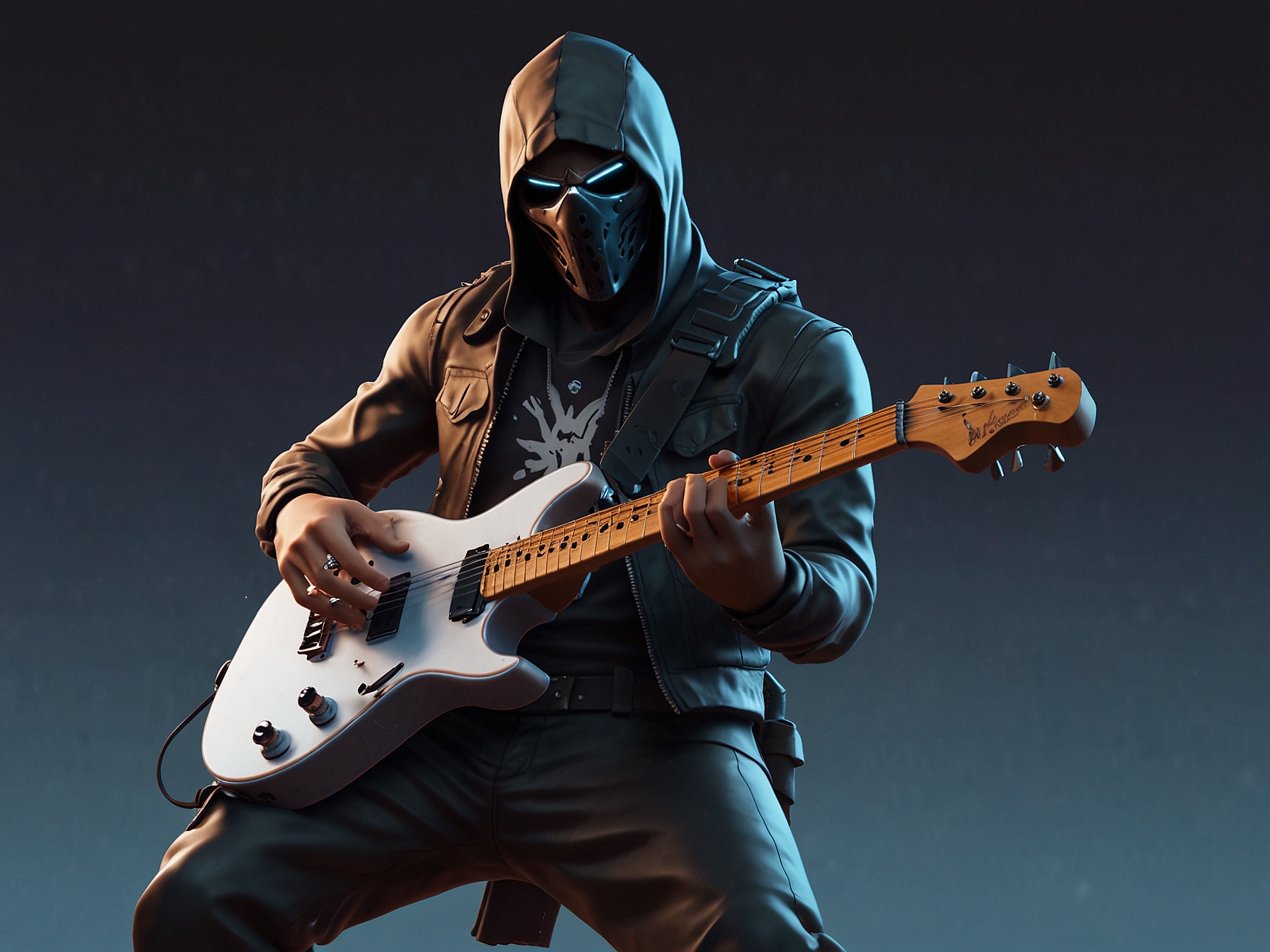 A Fortnite character rocking out in-game with a guitar, surrounded by dynamic visuals and iconic Metallica imagery, manifesting the high-energy integration of music and gaming.