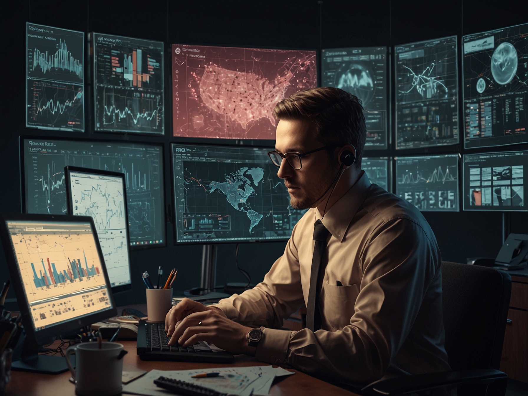 A security analyst working at a desk, surrounded by multiple screens with alerts, symbolizing the overwhelm and complexity of managing cybersecurity without AI assistance.