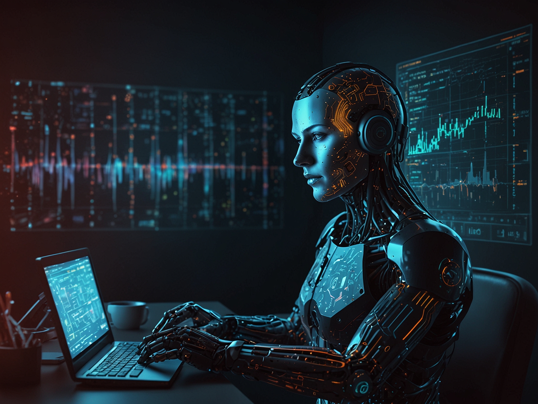 A visual representation of AI algorithms analyzing data in real-time, detecting and flagging threats, showcasing the speed and efficiency AI brings to cybersecurity operations.