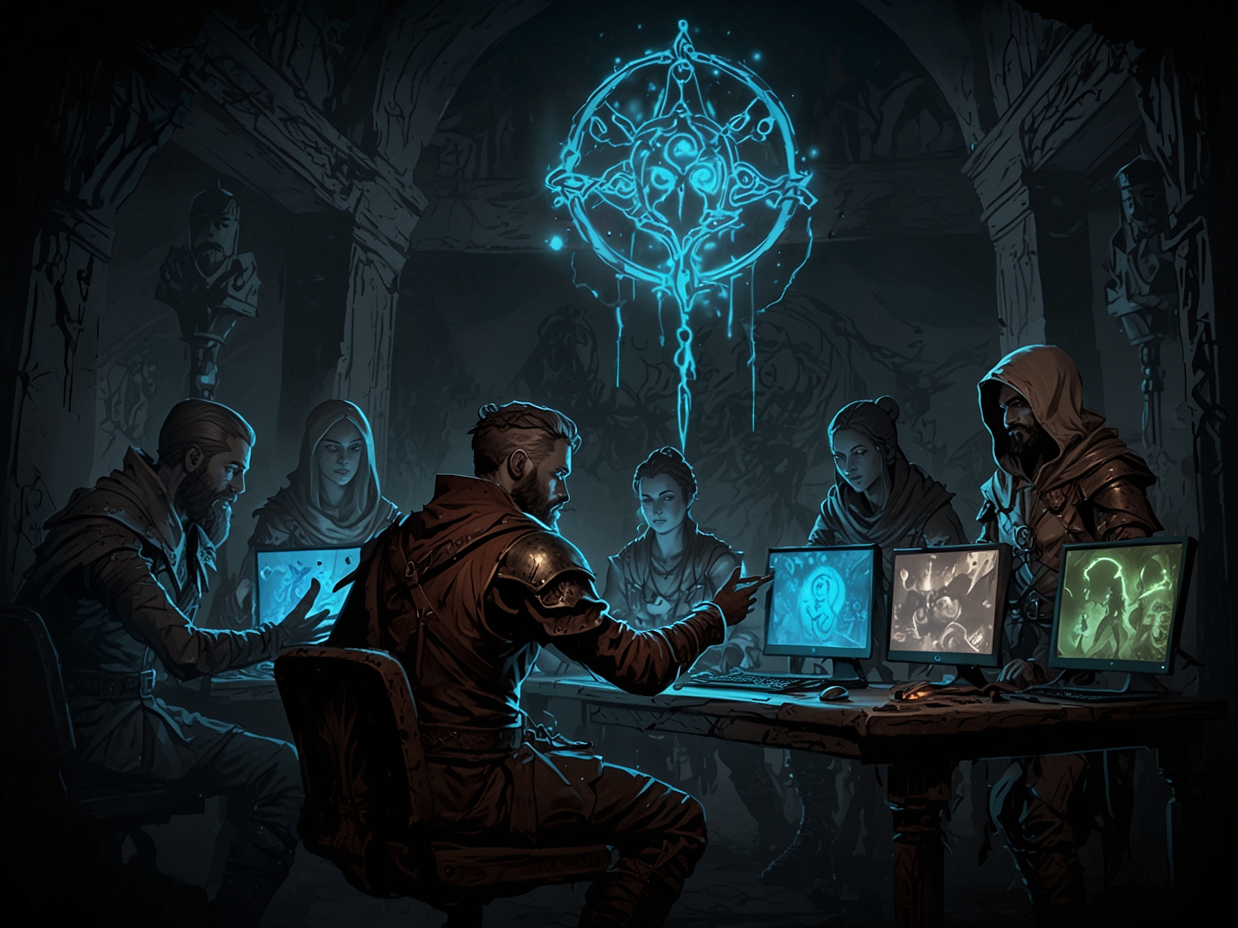 An illustration showing gamers on different platforms looking forward to Path of Exile 2 while questioning cross-platform capabilities.