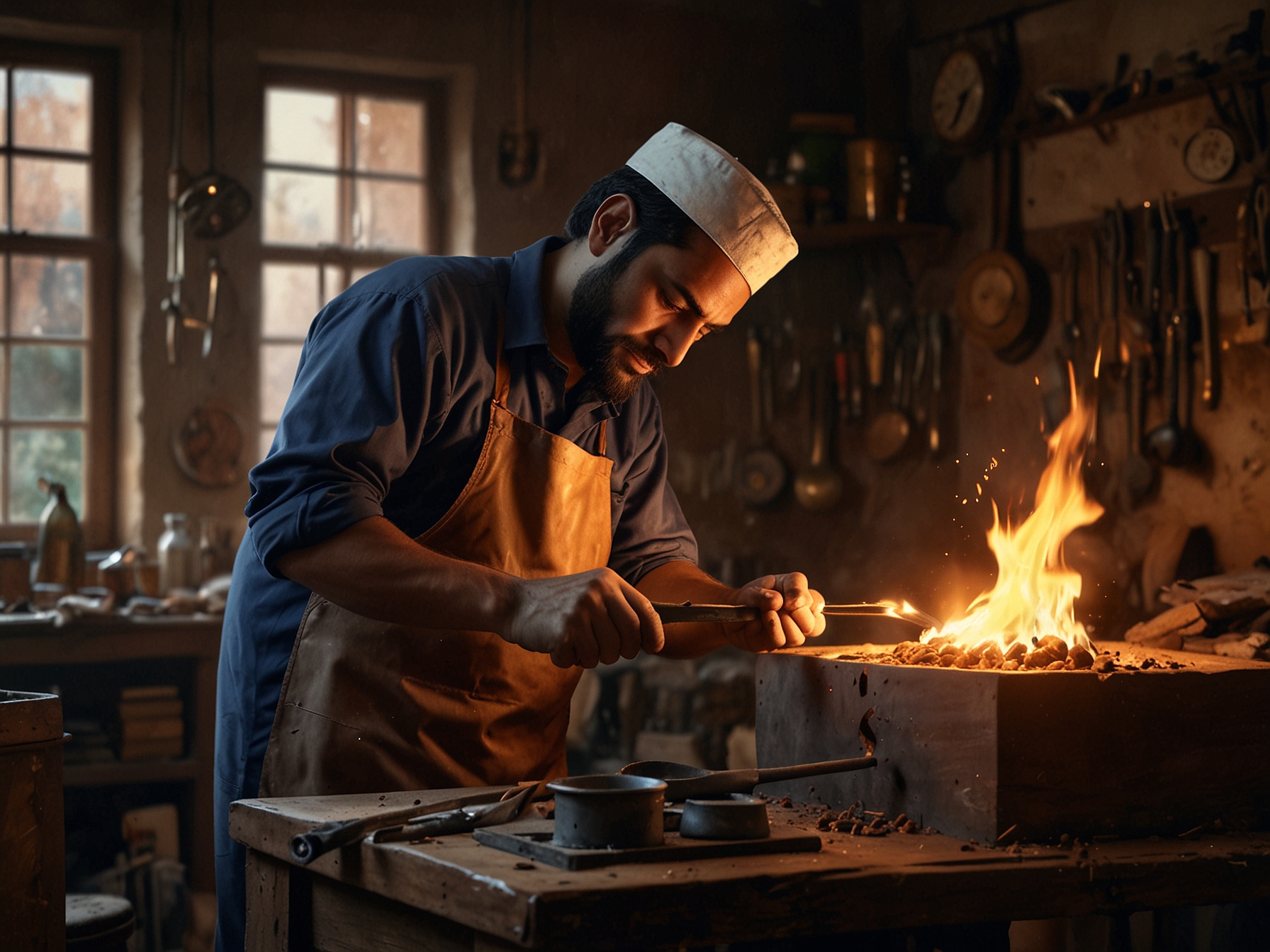 Ahmad Bakhsh, with focused dedication, uses a blowtorch to meticulously heat a copper utensil, preparing it for the tin-coating process in his workshop filled with tools and metallic artifacts.