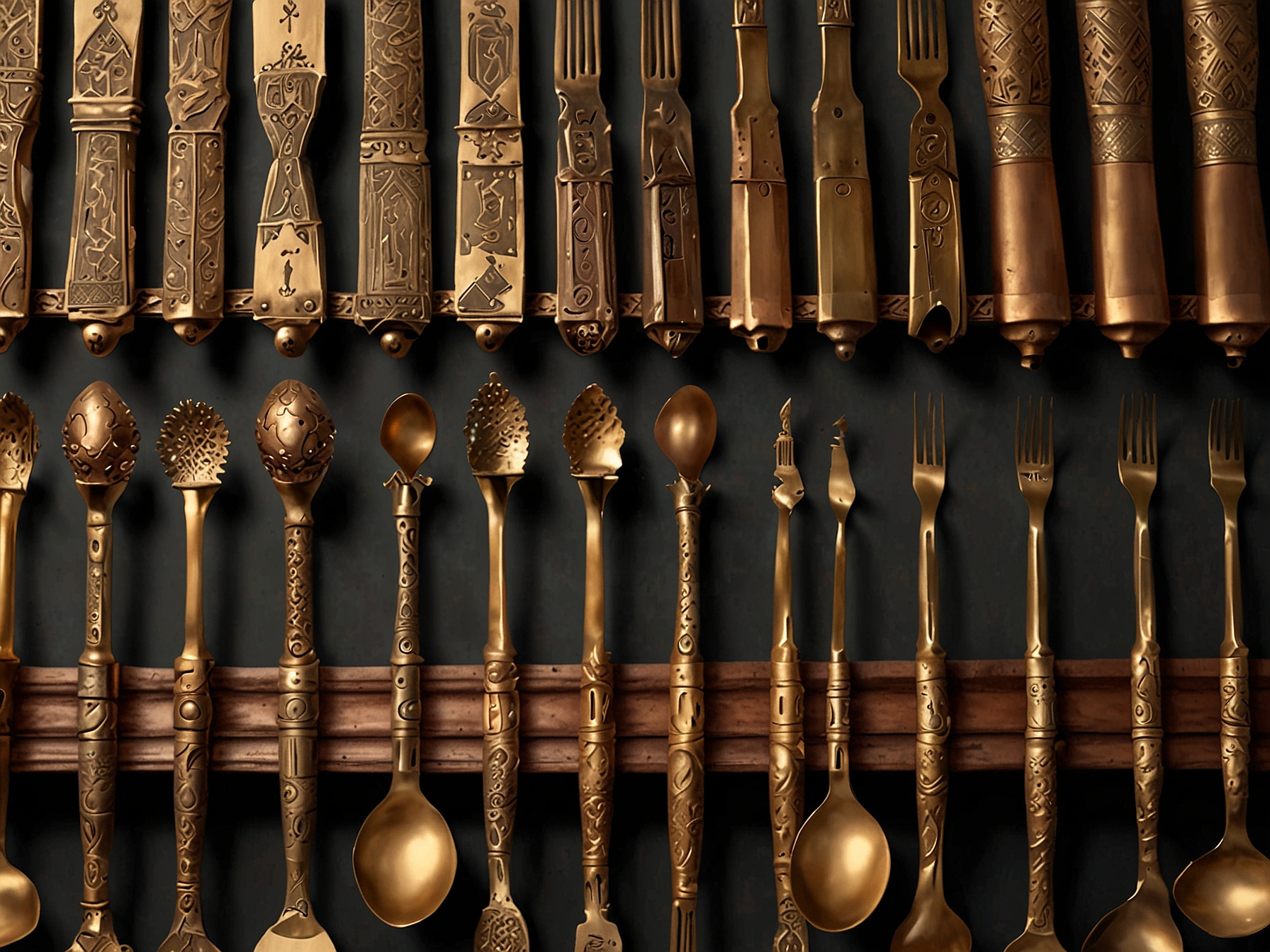 An array of restored bronze, brass, and copper utensils gleams under soft light, each piece carefully restored by Ahmad Bakhsh, showcasing the timeless beauty of traditional qalai craftsmanship.