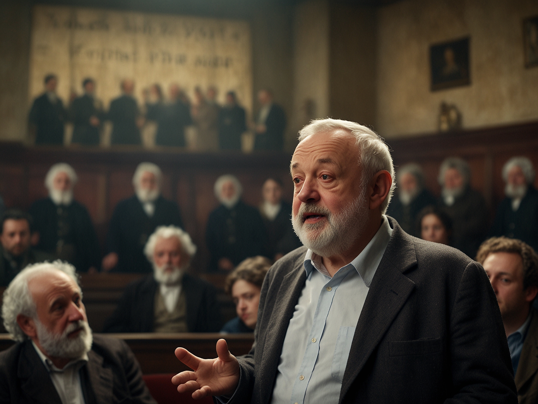 Mike Leigh passionately speaks at a film event, emphasizing the importance of voting and the production of contemporary films, while a backdrop showcases a scene from 'Peterloo'.