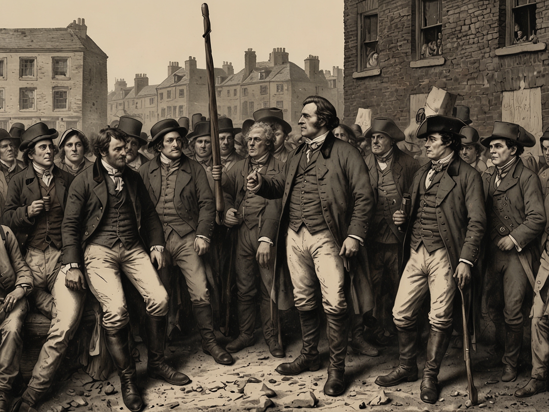 A group of actors on the set of 'Peterloo', depicting the Peterloo Massacre, highlighting the historical significance of the event and reflecting Leigh's dedication to connecting past struggles with present-day societal issues.