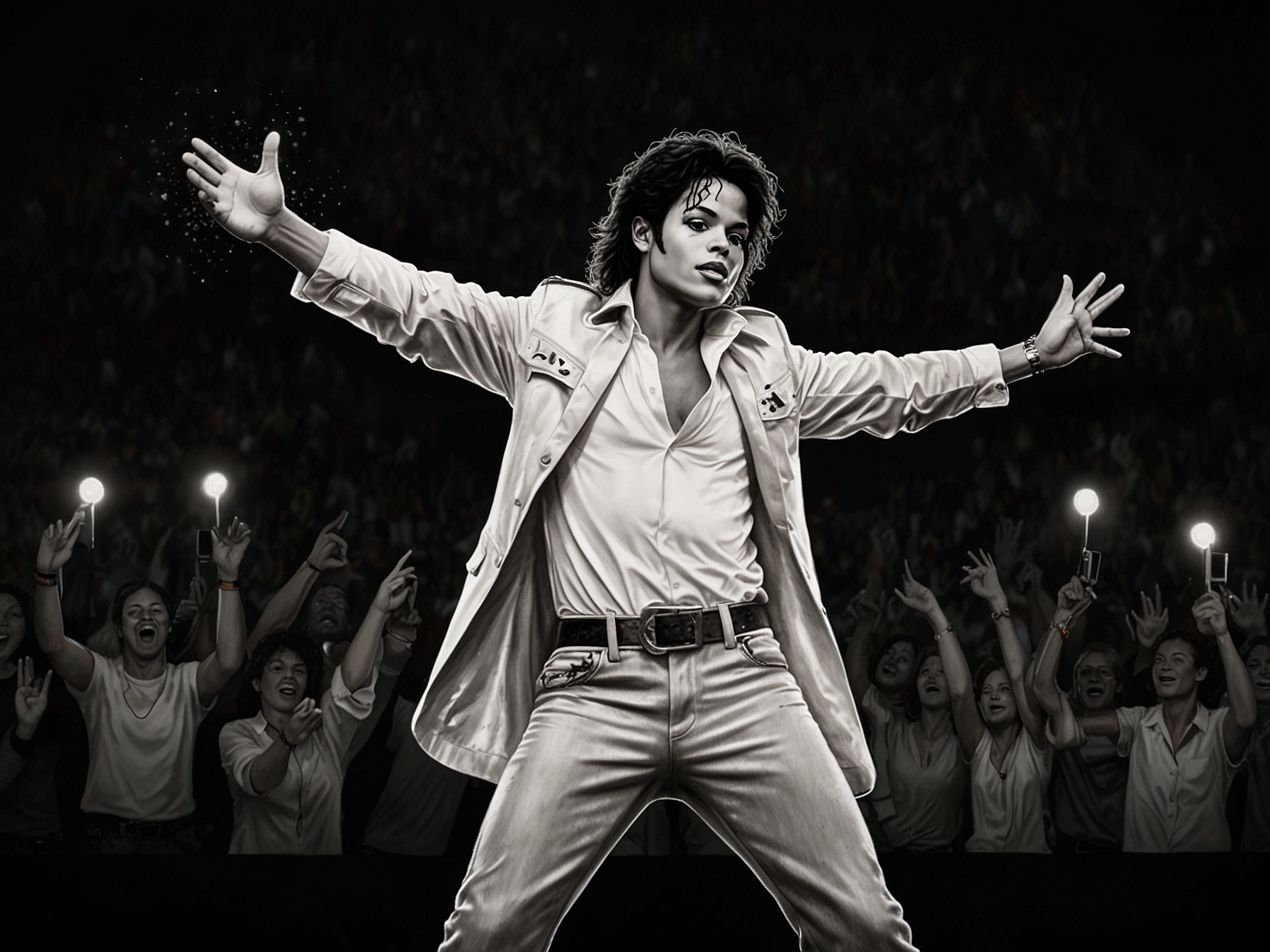 An illustration of Michael Jackson performing on stage, symbolizing his iconic status and the immense earnings from his career, juxtaposed against his financial troubles.